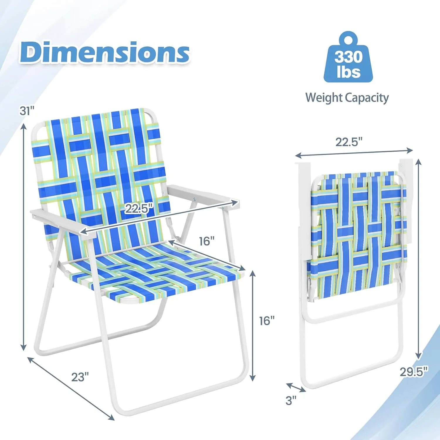GYMAX Folding Chair, Patio Lawn Chair Set with Armrest, Indoor/Outdoor 4 Pack Webbed Lightweight Dinning Chair, Portable Beach Chair for Outside, Poolside, Backyard (Blue & Green, 4)