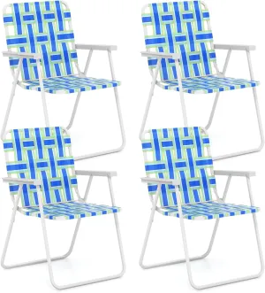 GYMAX Folding Chair, Patio Lawn Chair Set with Armrest, Indoor/Outdoor 4 Pack Webbed Lightweight Dinning Chair, Portable Beach Chair for Outside, Poolside, Backyard (Blue & Green, 4)