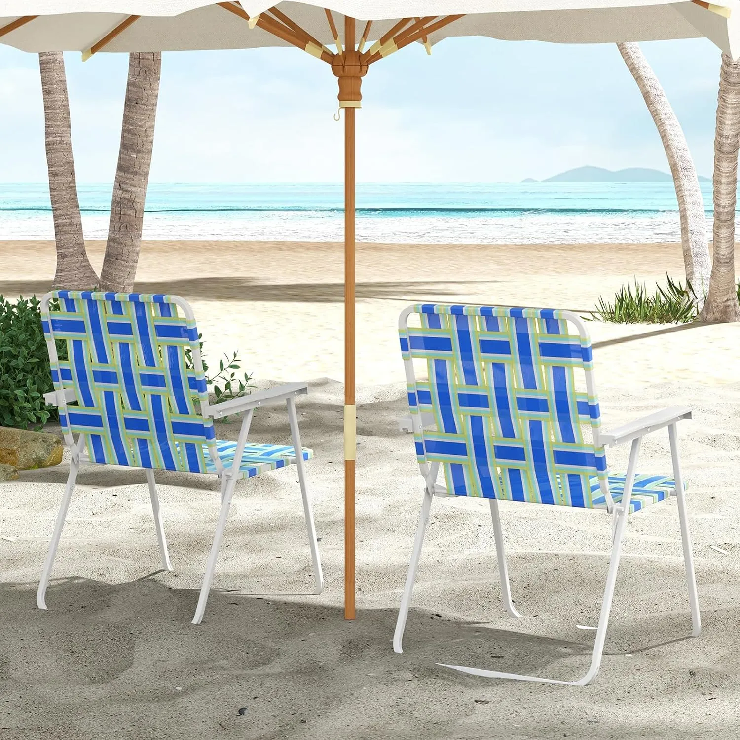 GYMAX Folding Chair, Patio Lawn Chair Set with Armrest, Indoor/Outdoor 4 Pack Webbed Lightweight Dinning Chair, Portable Beach Chair for Outside, Poolside, Backyard (Blue & Green, 4)