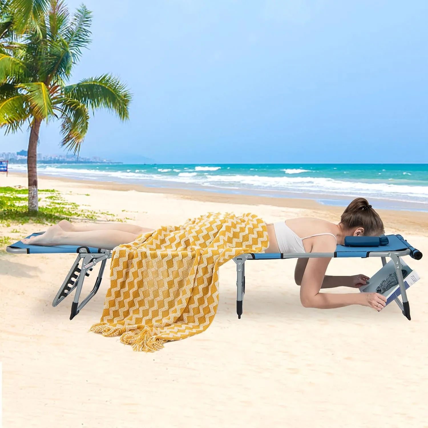 GYMAX Tanning Chair, 400LBS Beach Lounge Chair with Face Arm Hole & Hand Shoulder Strap, Folding Layout Sunbathing Chair, Face Down Outdoor Chaise Lounger for Patio, Poolside, Lawn, Backyard (1, Blue)