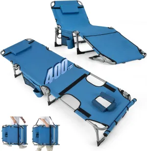 GYMAX Tanning Chair, 400LBS Beach Lounge Chair with Face Arm Hole & Hand Shoulder Strap, Folding Layout Sunbathing Chair, Face Down Outdoor Chaise Lounger for Patio, Poolside, Lawn, Backyard (1, Blue)