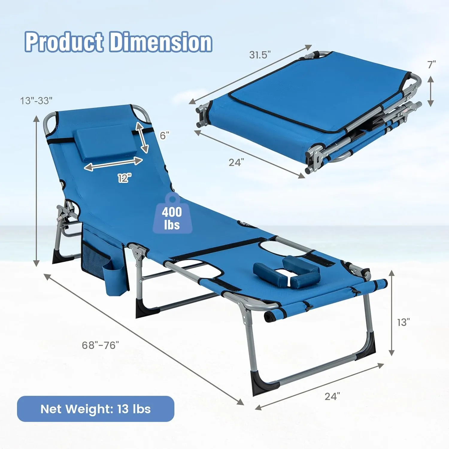 GYMAX Tanning Chair, 400LBS Beach Lounge Chair with Face Arm Hole & Hand Shoulder Strap, Folding Layout Sunbathing Chair, Face Down Outdoor Chaise Lounger for Patio, Poolside, Lawn, Backyard (1, Blue)