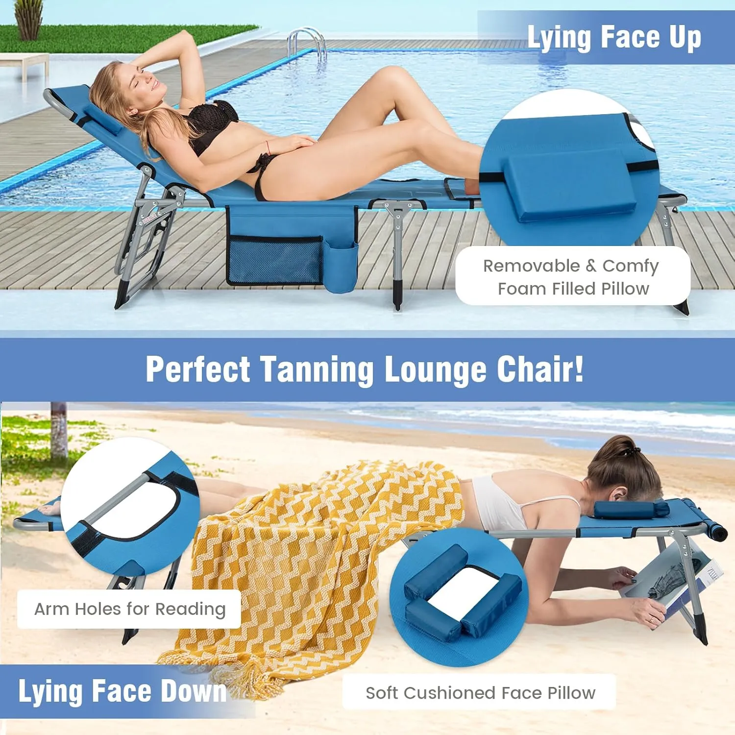 GYMAX Tanning Chair, 400LBS Beach Lounge Chair with Face Arm Hole & Hand Shoulder Strap, Folding Layout Sunbathing Chair, Face Down Outdoor Chaise Lounger for Patio, Poolside, Lawn, Backyard (1, Blue)