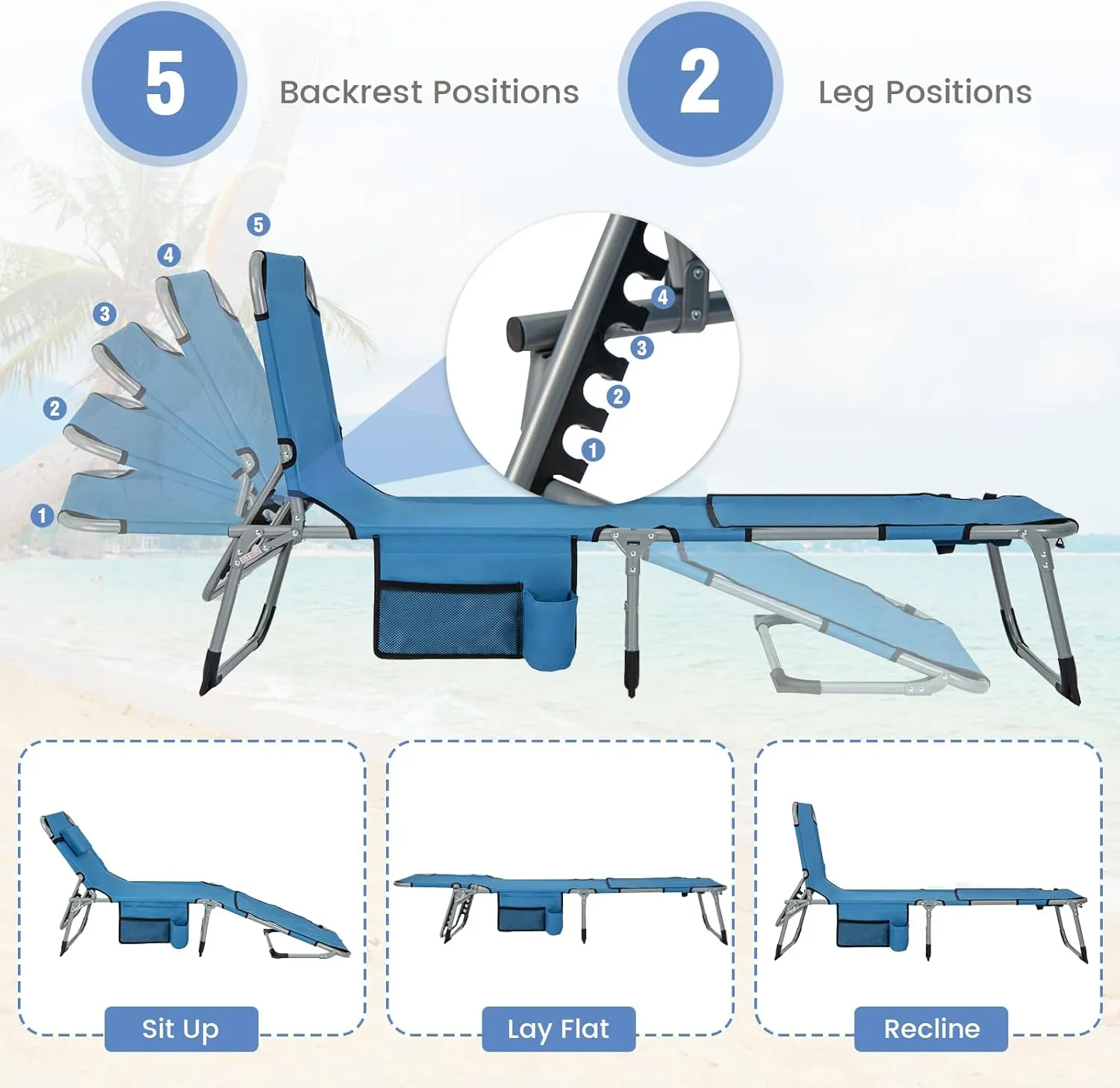 GYMAX Tanning Chair, 400LBS Beach Lounge Chair with Face Arm Hole & Hand Shoulder Strap, Folding Layout Sunbathing Chair, Face Down Outdoor Chaise Lounger for Patio, Poolside, Lawn, Backyard (1, Blue)
