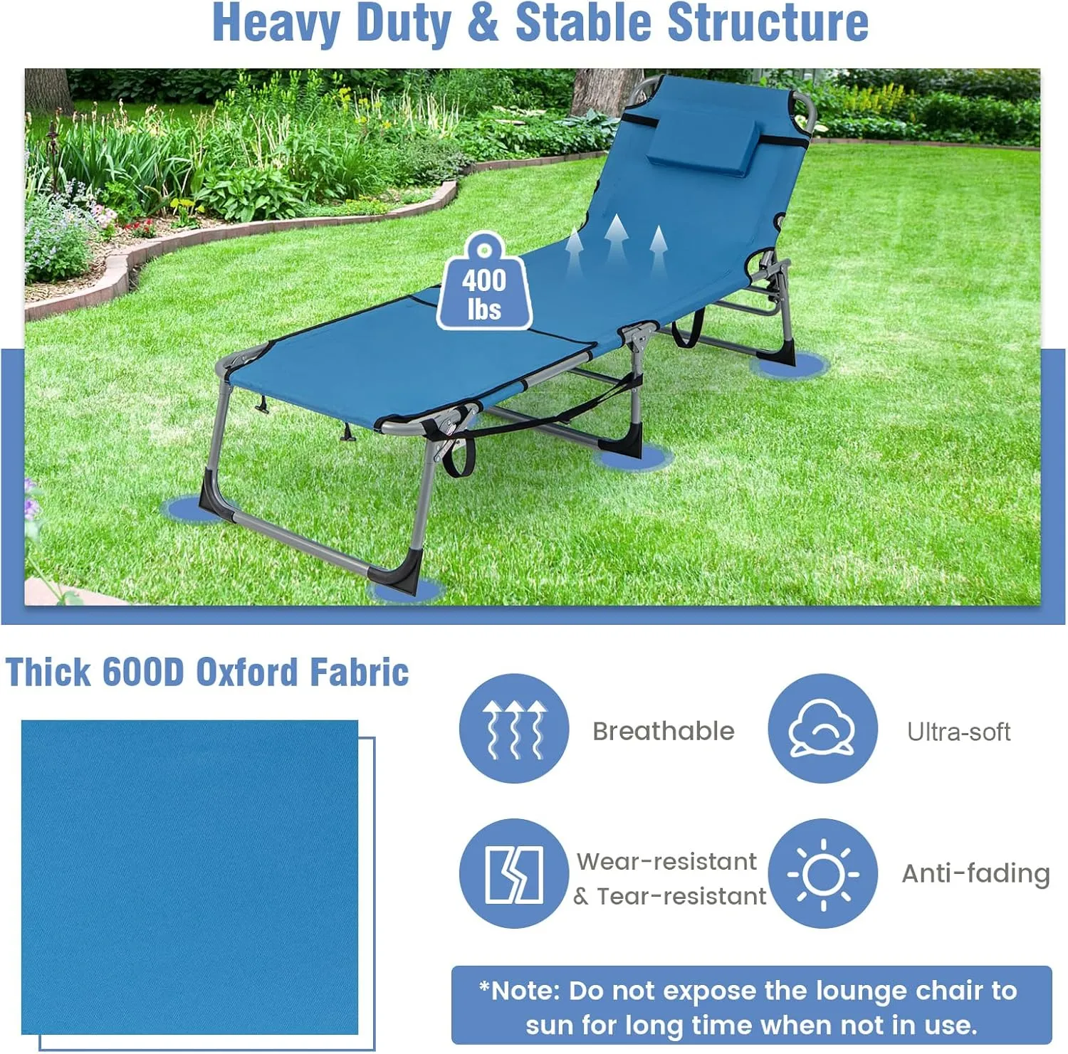 GYMAX Tanning Chair, 400LBS Beach Lounge Chair with Face Arm Hole & Hand Shoulder Strap, Folding Layout Sunbathing Chair, Face Down Outdoor Chaise Lounger for Patio, Poolside, Lawn, Backyard (1, Blue)