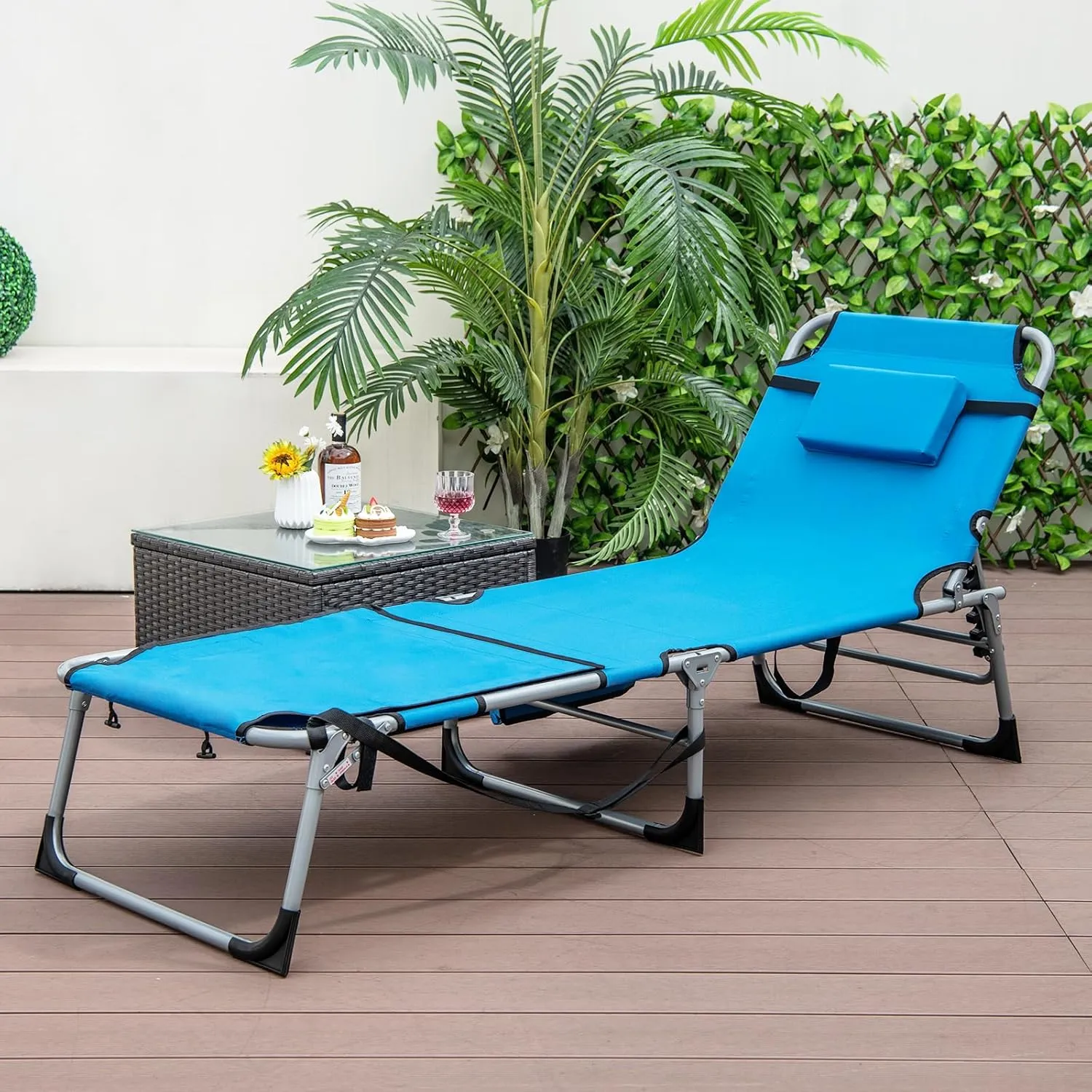 GYMAX Tanning Chair, 400LBS Beach Lounge Chair with Face Arm Hole & Hand Shoulder Strap, Folding Layout Sunbathing Chair, Face Down Outdoor Chaise Lounger for Patio, Poolside, Lawn, Backyard (1, Blue)