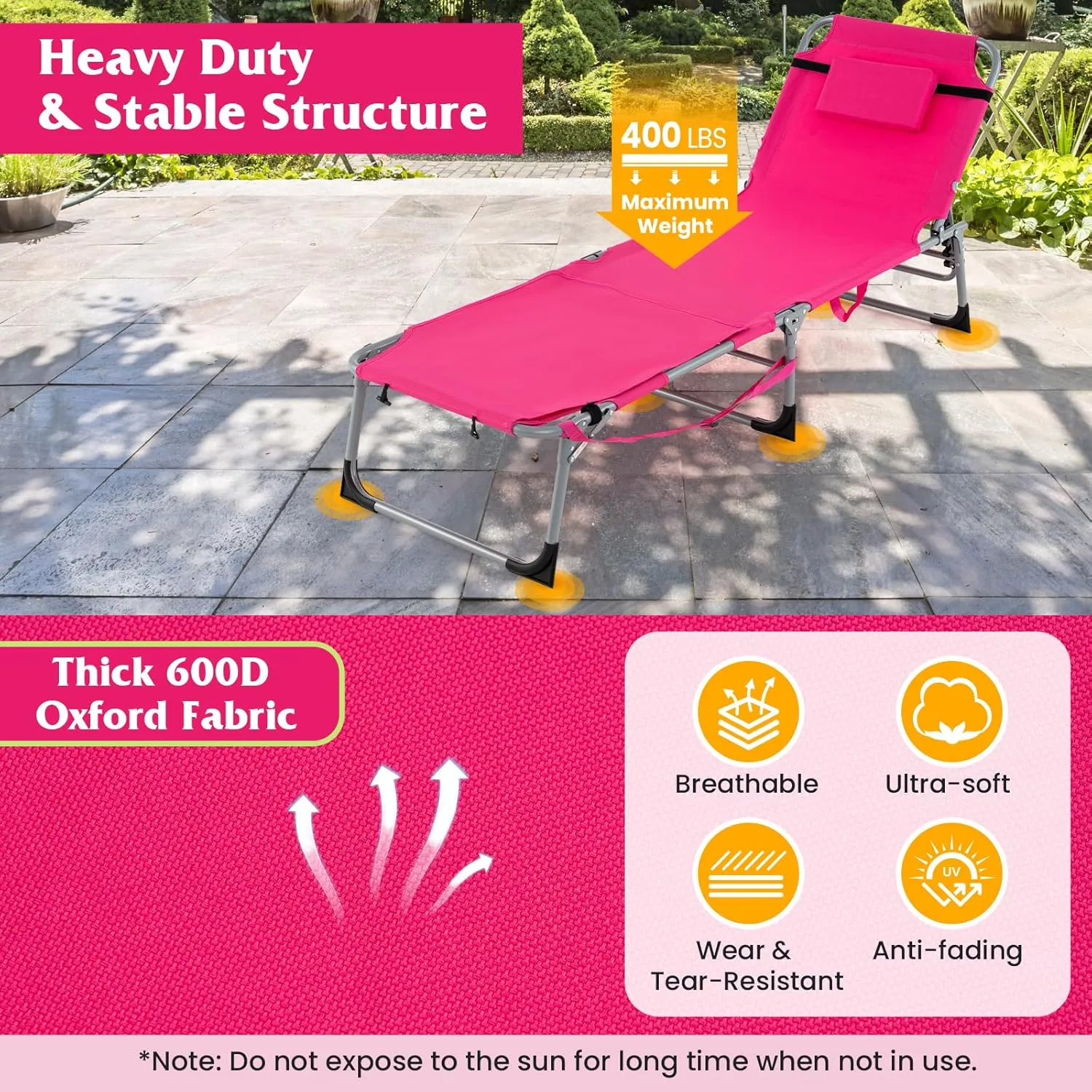GYMAX Tanning Chair, 400LBS Beach Lounge with Face Arm Hole & Hand Shoulder Strap, Folding Layout Sunbathing Chair, Face Down Outdoor Chaise Lounger for Patio, Poolside, Lawn, Backyard (1, Pink)