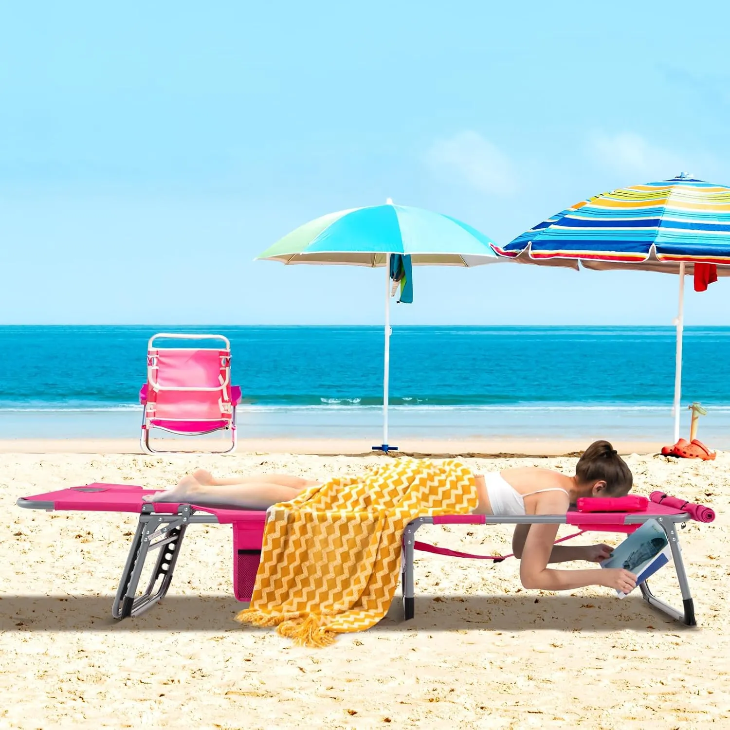 GYMAX Tanning Chair, 400LBS Beach Lounge with Face Arm Hole & Hand Shoulder Strap, Folding Layout Sunbathing Chair, Face Down Outdoor Chaise Lounger for Patio, Poolside, Lawn, Backyard (1, Pink)