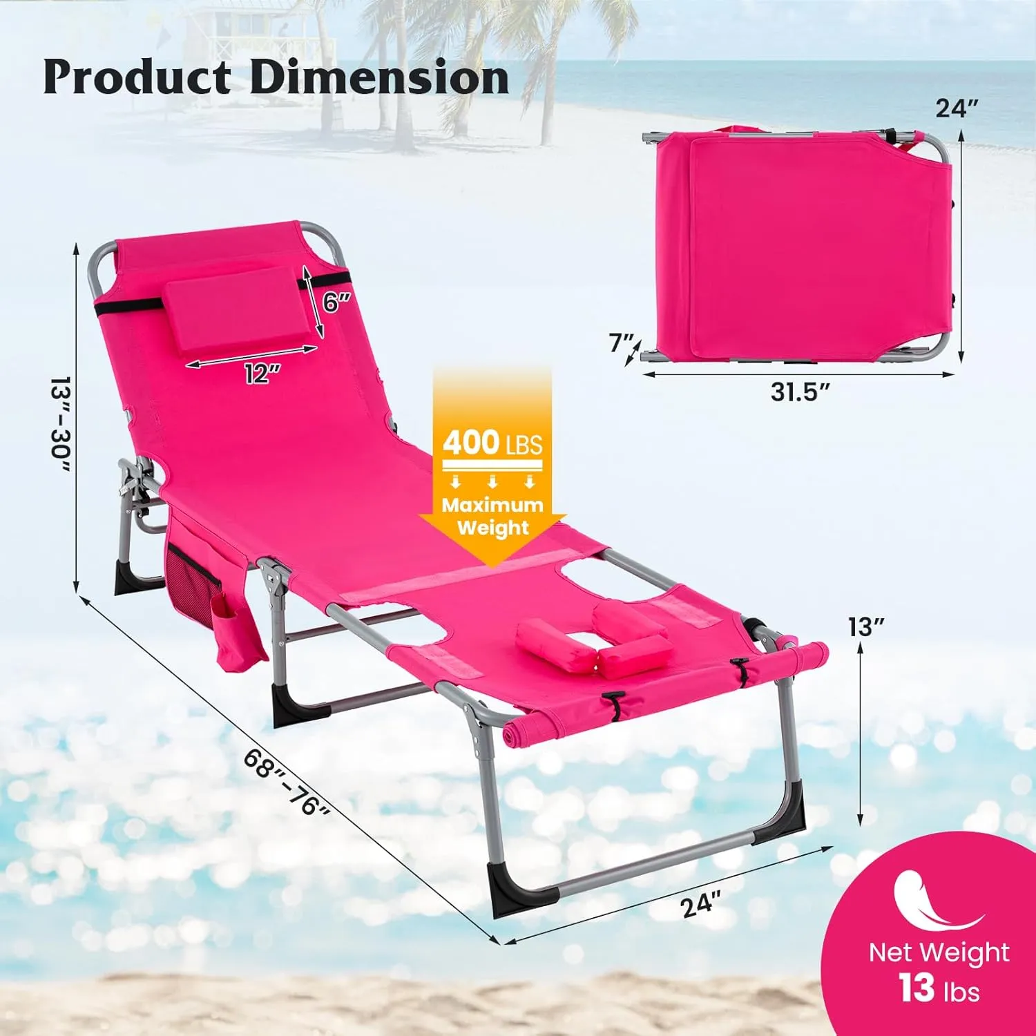 GYMAX Tanning Chair, 400LBS Beach Lounge with Face Arm Hole & Hand Shoulder Strap, Folding Layout Sunbathing Chair, Face Down Outdoor Chaise Lounger for Patio, Poolside, Lawn, Backyard (1, Pink)
