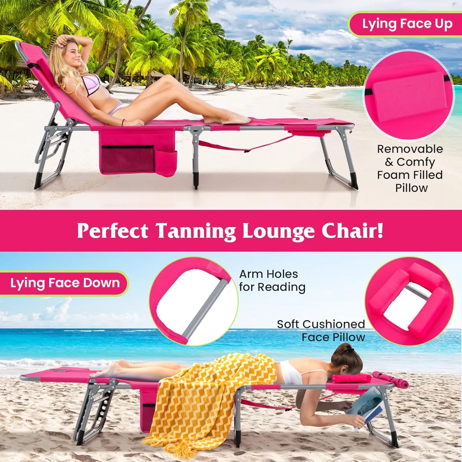 GYMAX Tanning Chair, 400LBS Beach Lounge with Face Arm Hole & Hand Shoulder Strap, Folding Layout Sunbathing Chair, Face Down Outdoor Chaise Lounger for Patio, Poolside, Lawn, Backyard (1, Pink)