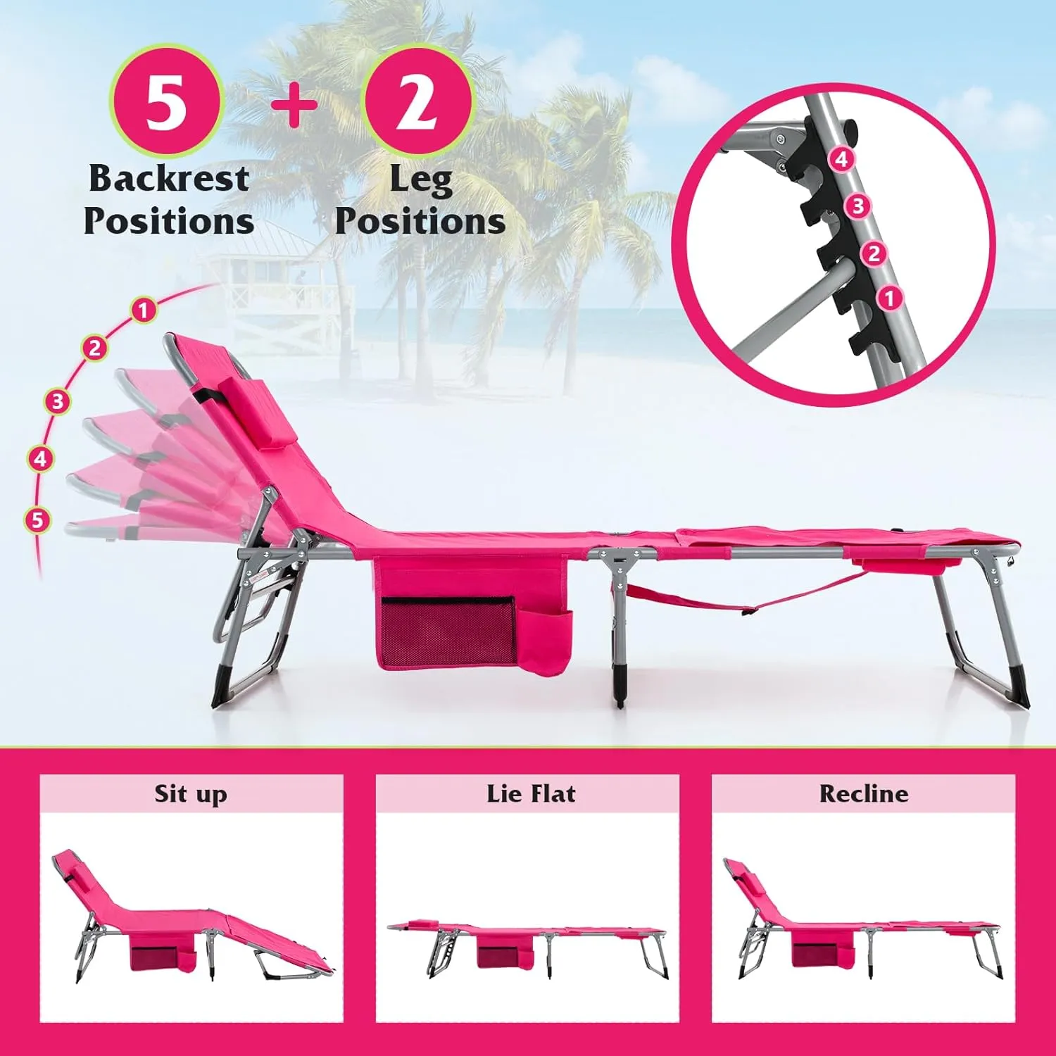 GYMAX Tanning Chair, 400LBS Beach Lounge with Face Arm Hole & Hand Shoulder Strap, Folding Layout Sunbathing Chair, Face Down Outdoor Chaise Lounger for Patio, Poolside, Lawn, Backyard (1, Pink)