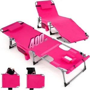 GYMAX Tanning Chair, 400LBS Beach Lounge with Face Arm Hole & Hand Shoulder Strap, Folding Layout Sunbathing Chair, Face Down Outdoor Chaise Lounger for Patio, Poolside, Lawn, Backyard (1, Pink)