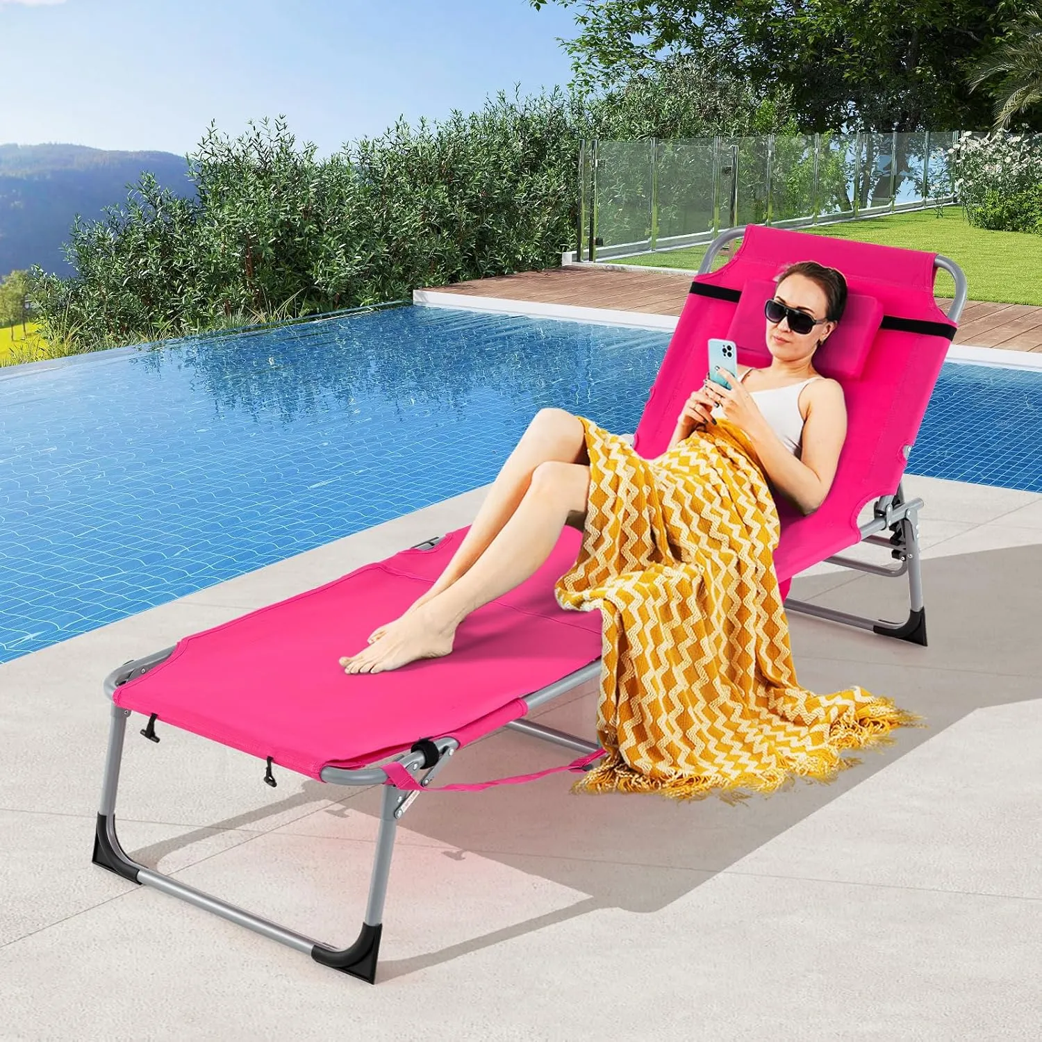 GYMAX Tanning Chair, 400LBS Beach Lounge with Face Arm Hole & Hand Shoulder Strap, Folding Layout Sunbathing Chair, Face Down Outdoor Chaise Lounger for Patio, Poolside, Lawn, Backyard (1, Pink)