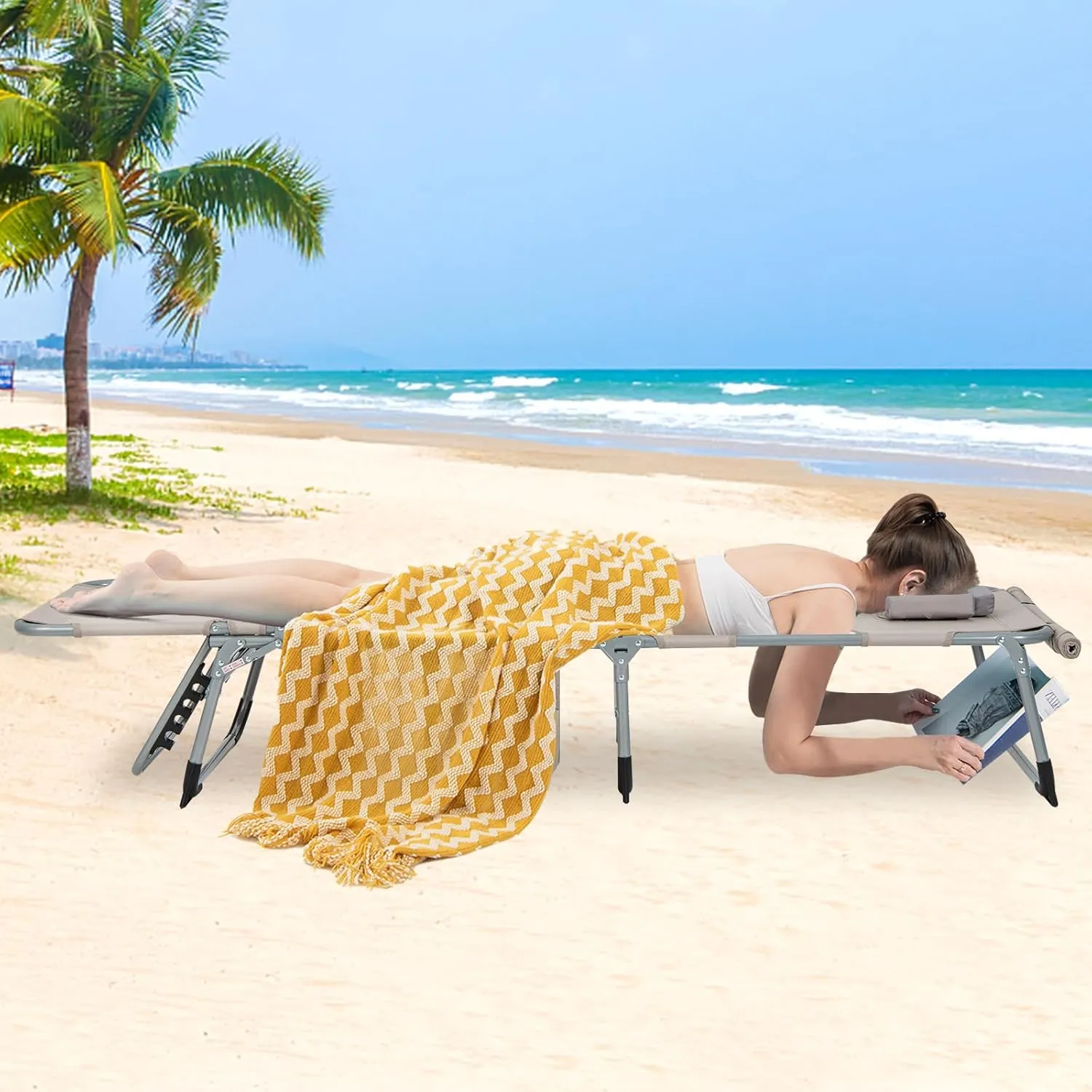 GYMAX Tanning Chair, 400LBS Beach Lounge with Face Arm Hole & Hand Shoulder Strap, Folding Layout Sunbathing Chair, Face Down Outdoor Chaise Lounger for Patio, Poolside, Lawn, Backyard (1, Sand)