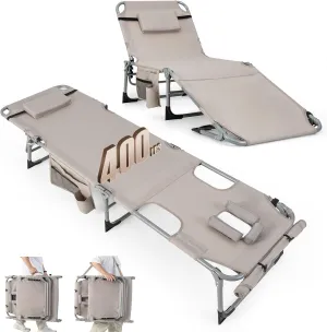 GYMAX Tanning Chair, 400LBS Beach Lounge with Face Arm Hole & Hand Shoulder Strap, Folding Layout Sunbathing Chair, Face Down Outdoor Chaise Lounger for Patio, Poolside, Lawn, Backyard (1, Sand)