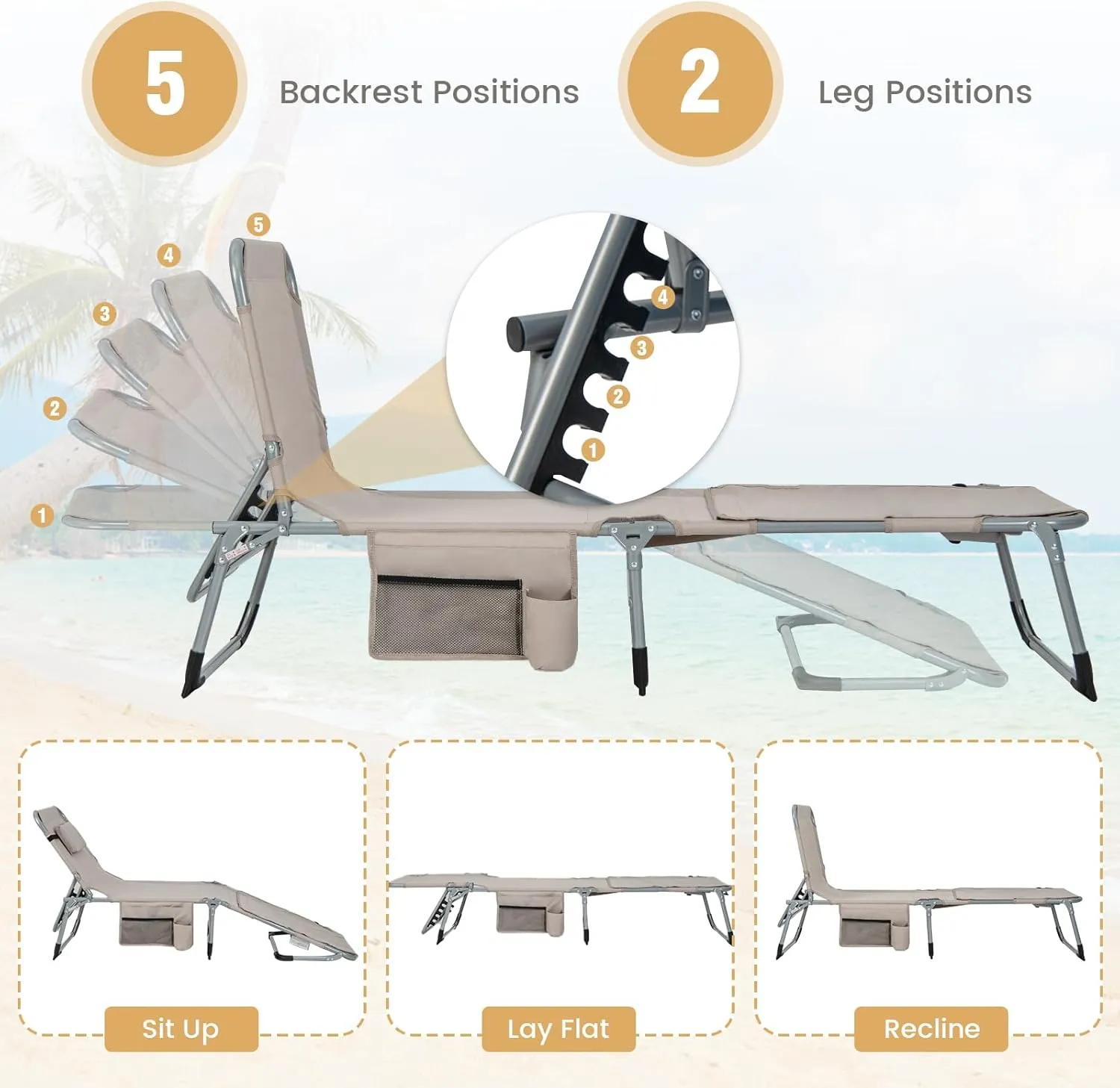 GYMAX Tanning Chair, 400LBS Beach Lounge with Face Arm Hole & Hand Shoulder Strap, Folding Layout Sunbathing Chair, Face Down Outdoor Chaise Lounger for Patio, Poolside, Lawn, Backyard (1, Sand)