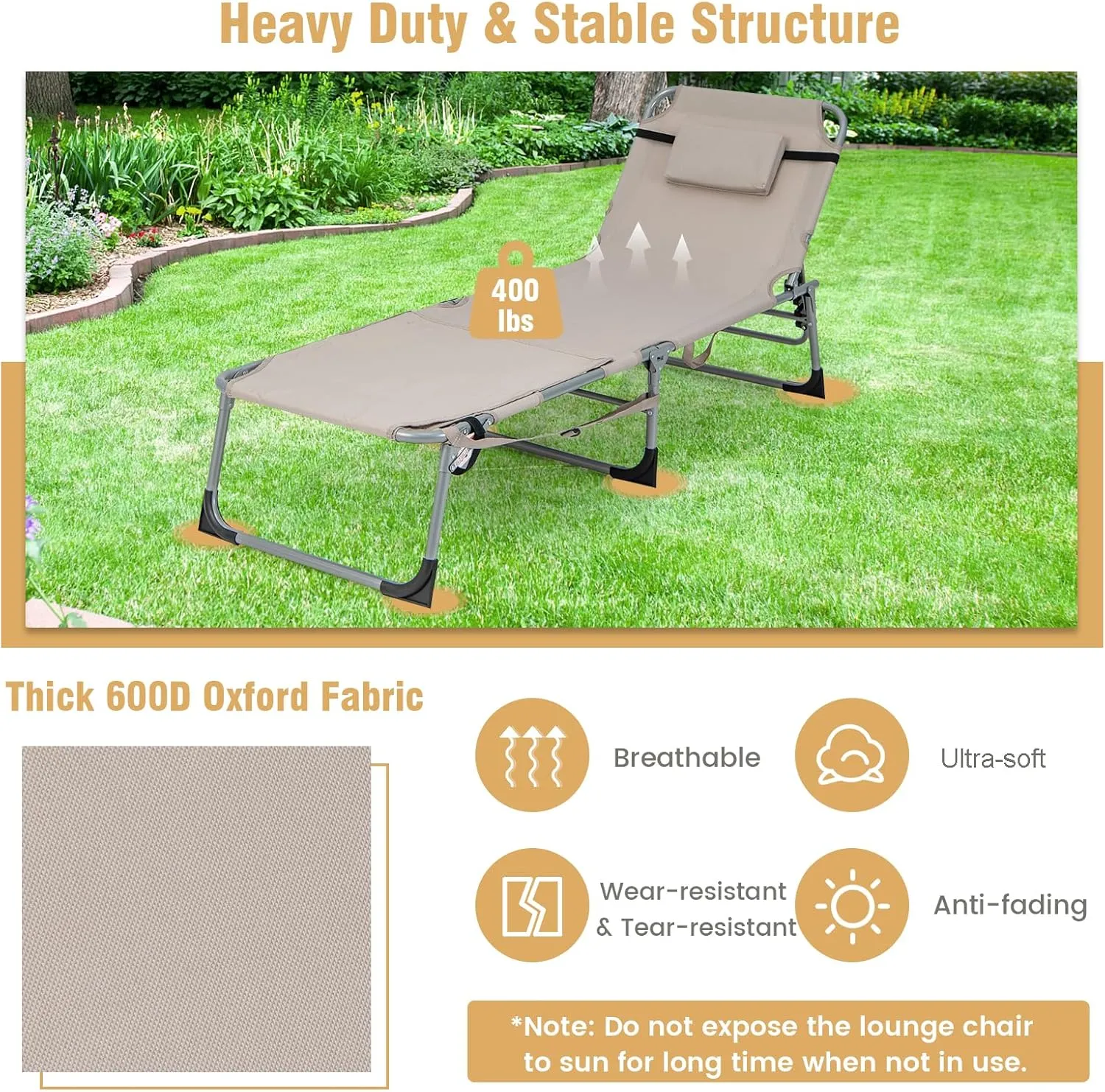 GYMAX Tanning Chair, 400LBS Beach Lounge with Face Arm Hole & Hand Shoulder Strap, Folding Layout Sunbathing Chair, Face Down Outdoor Chaise Lounger for Patio, Poolside, Lawn, Backyard (1, Sand)