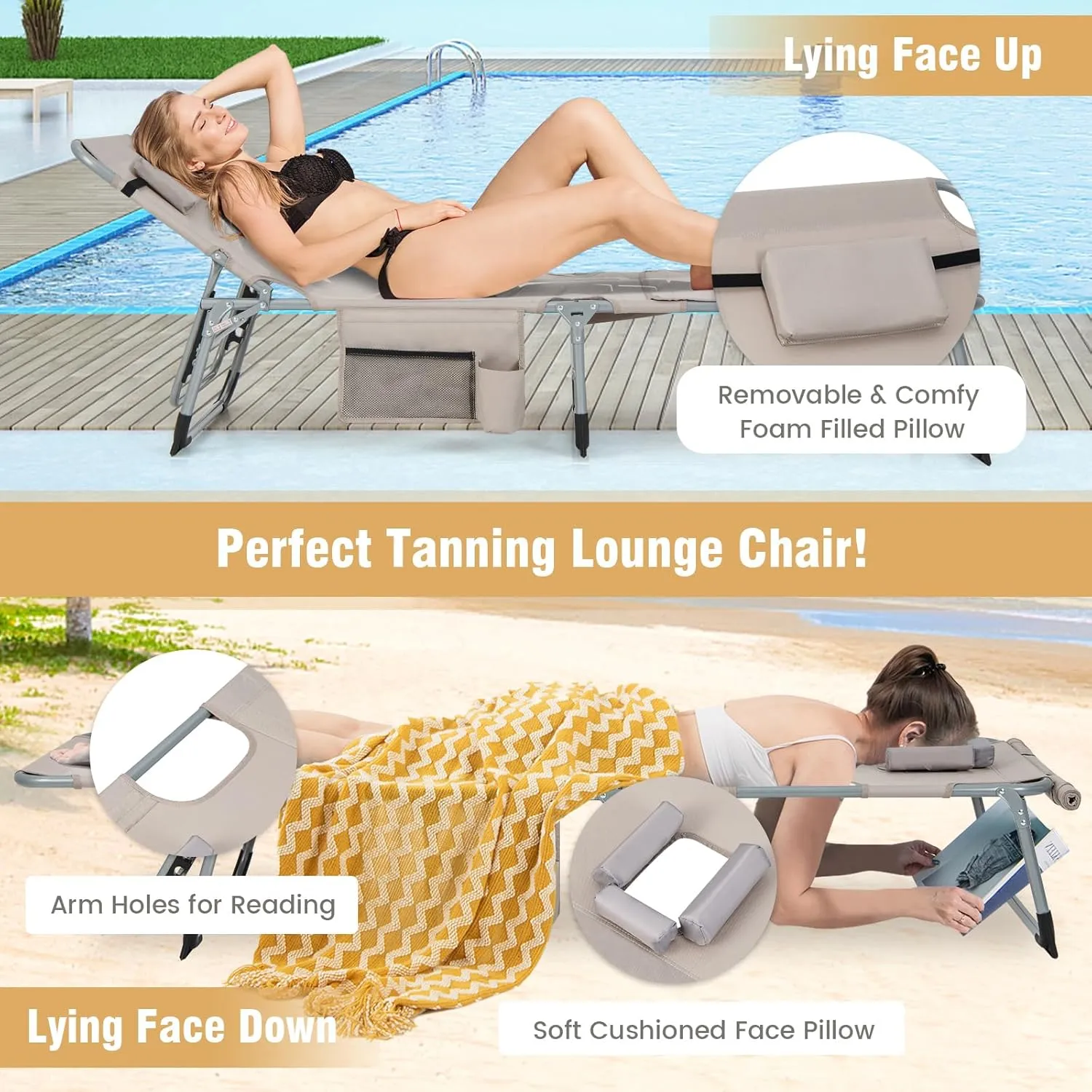 GYMAX Tanning Chair, 400LBS Beach Lounge with Face Arm Hole & Hand Shoulder Strap, Folding Layout Sunbathing Chair, Face Down Outdoor Chaise Lounger for Patio, Poolside, Lawn, Backyard (1, Sand)