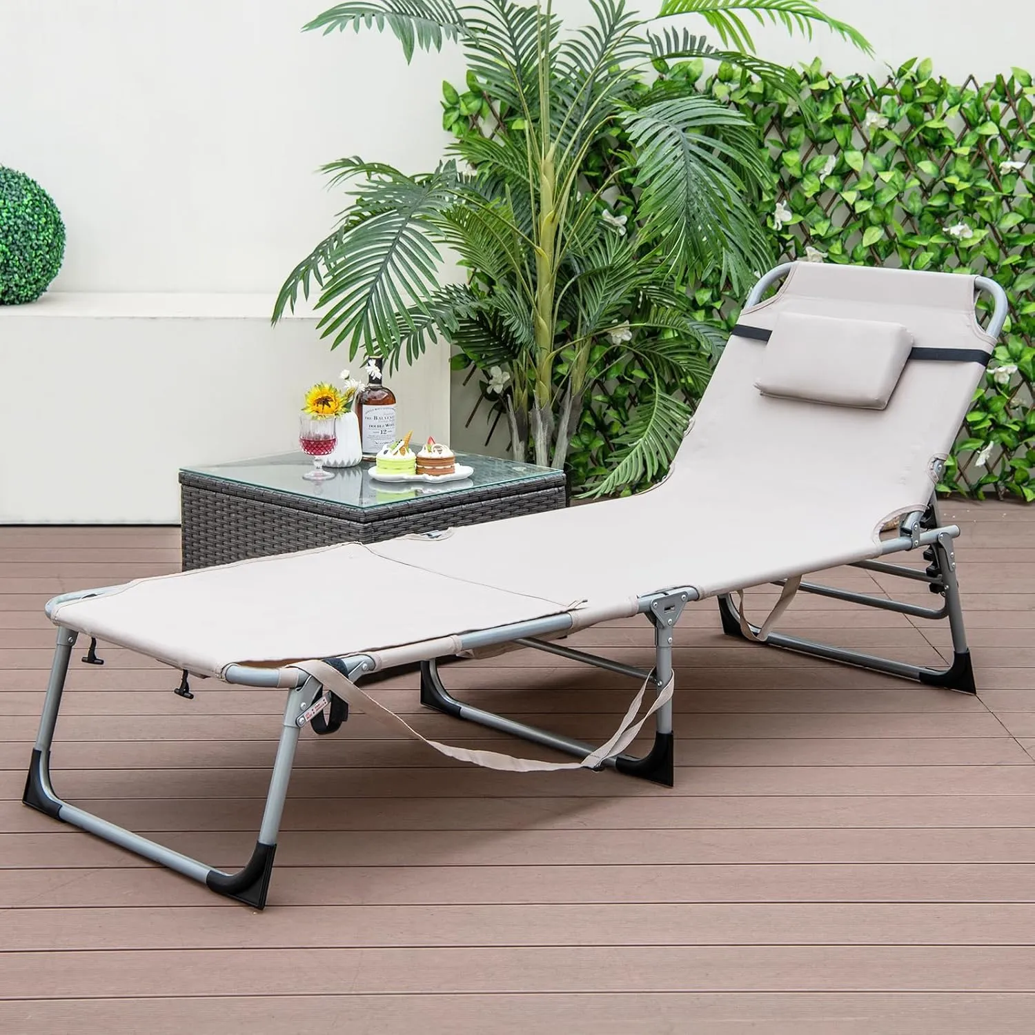 GYMAX Tanning Chair, 400LBS Beach Lounge with Face Arm Hole & Hand Shoulder Strap, Folding Layout Sunbathing Chair, Face Down Outdoor Chaise Lounger for Patio, Poolside, Lawn, Backyard (1, Sand)