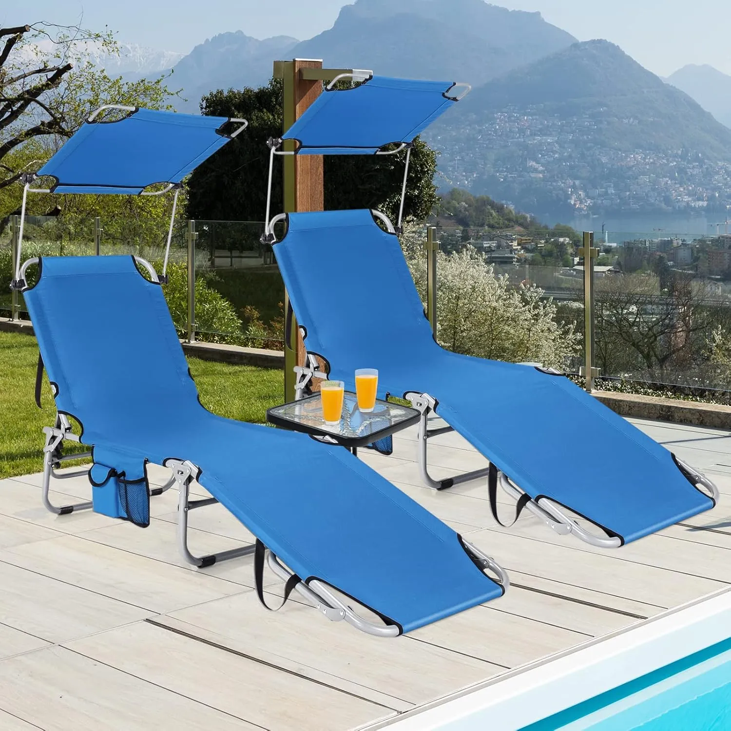 GYMAX Tanning Chair, Beach Lounge Chair with Canopy Sunshade, Carry Handle & Pocket, 5 Level Adjustable Layout Chaise Lounge for Outside, Folding Sunbath Chair for Outdoor, Patio, Poolside (1, Blue)