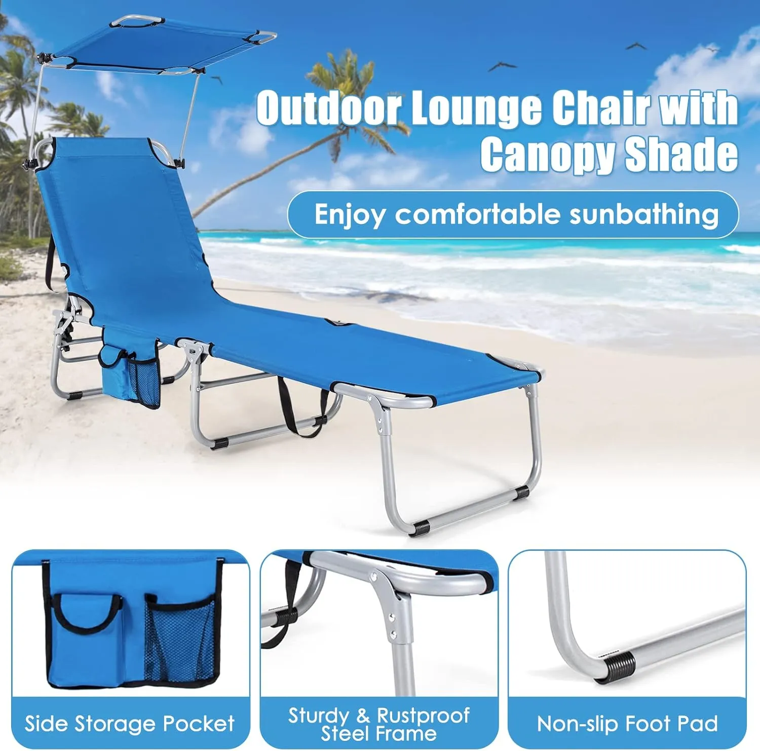 GYMAX Tanning Chair, Beach Lounge Chair with Canopy Sunshade, Carry Handle & Pocket, 5 Level Adjustable Layout Chaise Lounge for Outside, Folding Sunbath Chair for Outdoor, Patio, Poolside (1, Blue)
