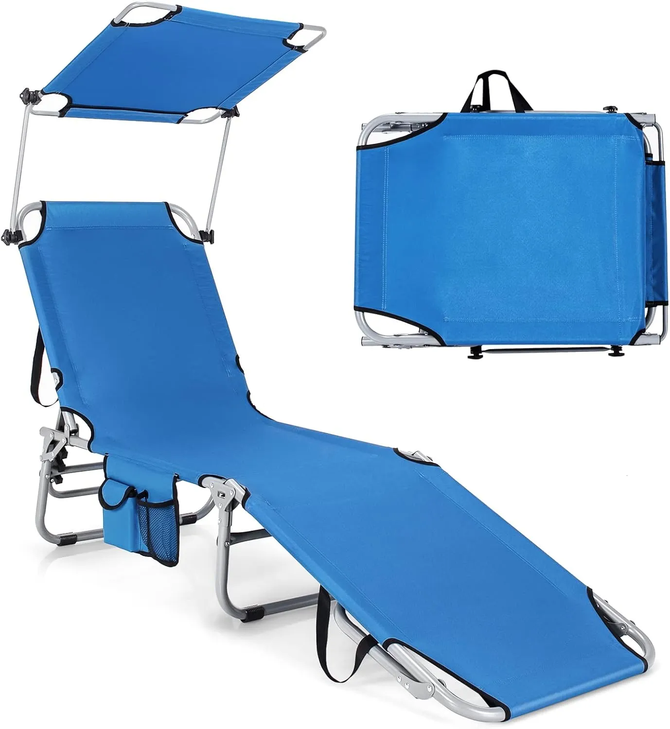 GYMAX Tanning Chair, Beach Lounge Chair with Canopy Sunshade, Carry Handle & Pocket, 5 Level Adjustable Layout Chaise Lounge for Outside, Folding Sunbath Chair for Outdoor, Patio, Poolside (1, Blue)