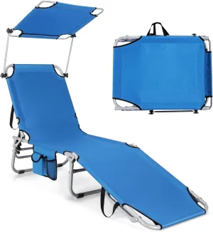 GYMAX Tanning Chair, Beach Lounge Chair with Canopy Sunshade, Carry Handle & Pocket, 5 Level Adjustable Layout Chaise Lounge for Outside, Folding Sunbath Chair for Outdoor, Patio, Poolside (1, Blue)