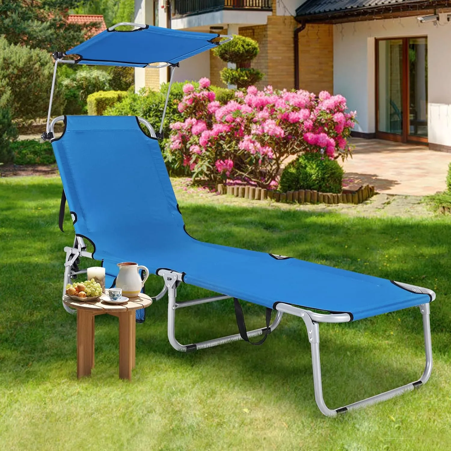 GYMAX Tanning Chair, Beach Lounge Chair with Canopy Sunshade, Carry Handle & Pocket, 5 Level Adjustable Layout Chaise Lounge for Outside, Folding Sunbath Chair for Outdoor, Patio, Poolside (1, Blue)