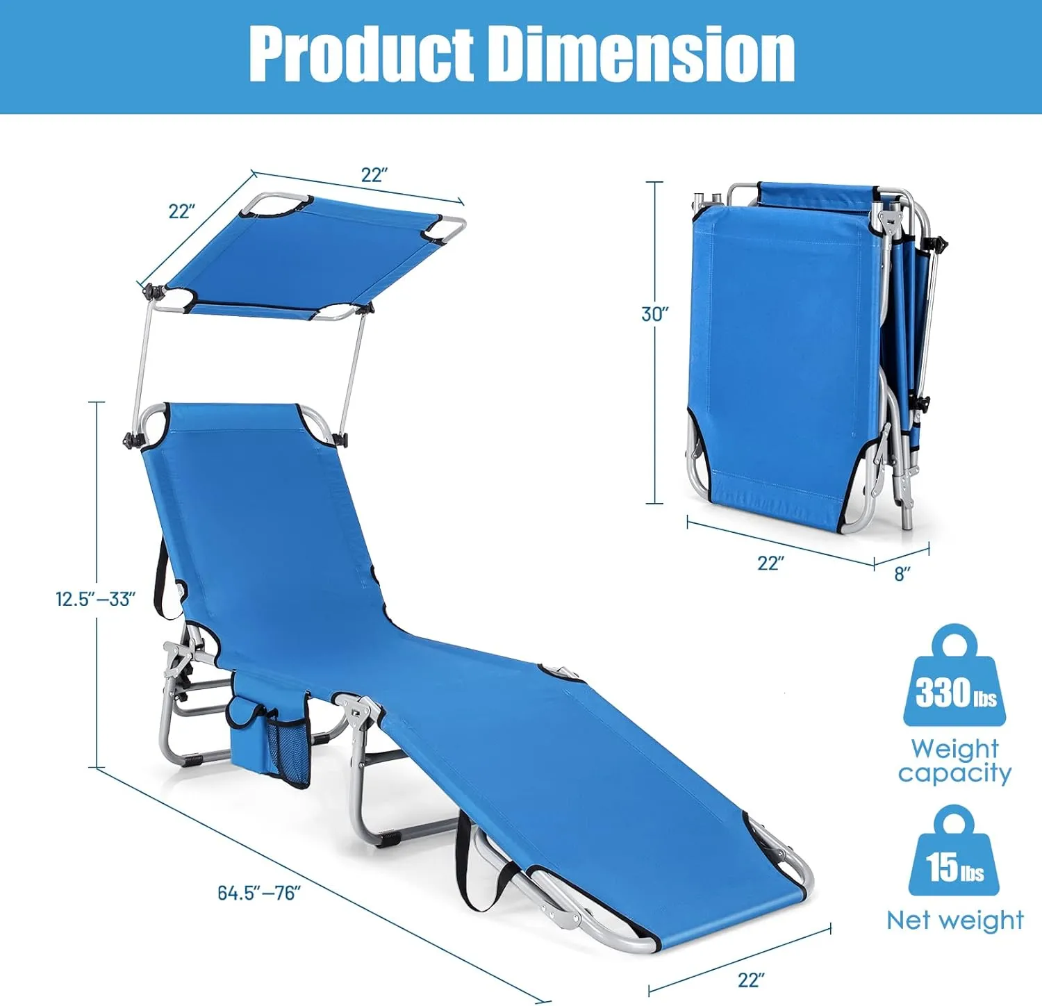 GYMAX Tanning Chair, Beach Lounge Chair with Canopy Sunshade, Carry Handle & Pocket, 5 Level Adjustable Layout Chaise Lounge for Outside, Folding Sunbath Chair for Outdoor, Patio, Poolside (1, Blue)