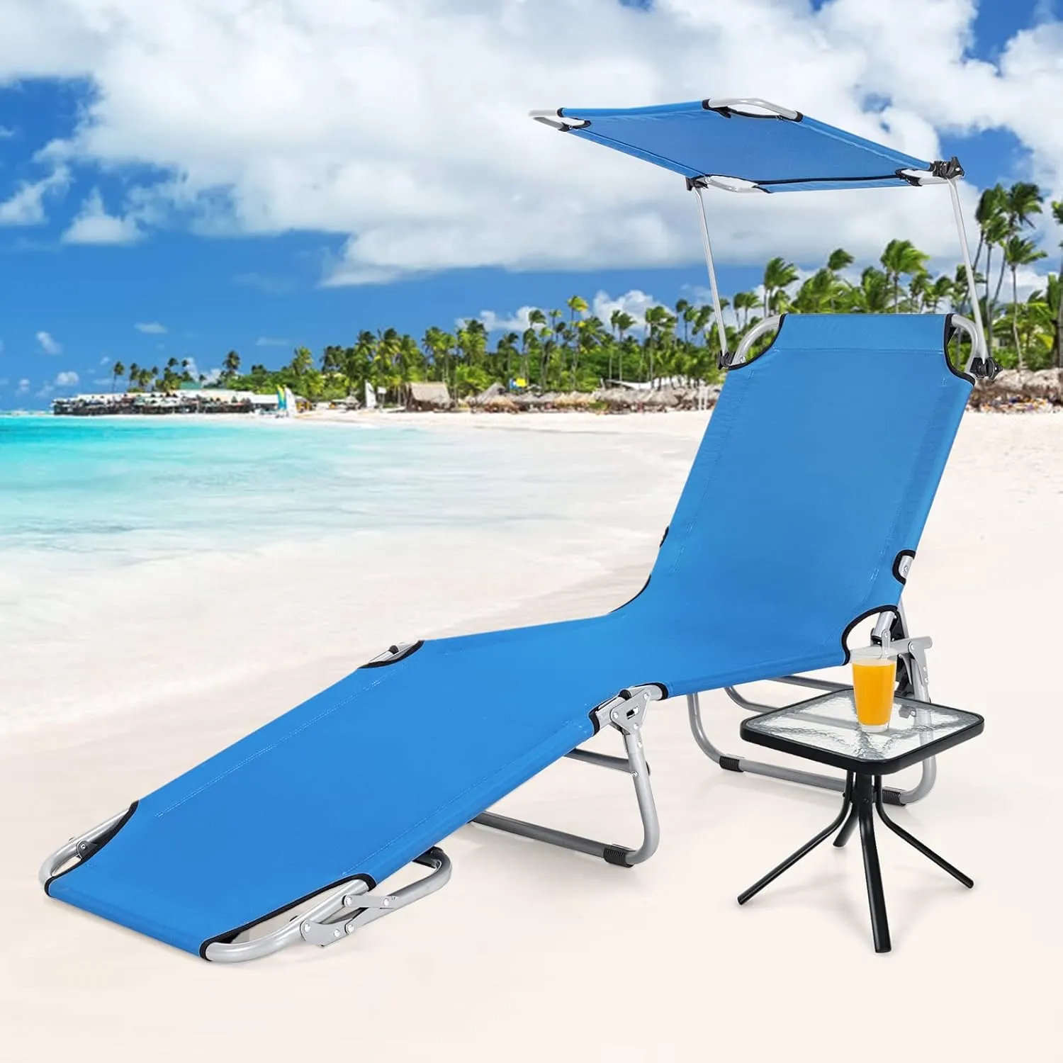 GYMAX Tanning Chair, Beach Lounge Chair with Canopy Sunshade, Carry Handle & Pocket, 5 Level Adjustable Layout Chaise Lounge for Outside, Folding Sunbath Chair for Outdoor, Patio, Poolside (1, Blue)