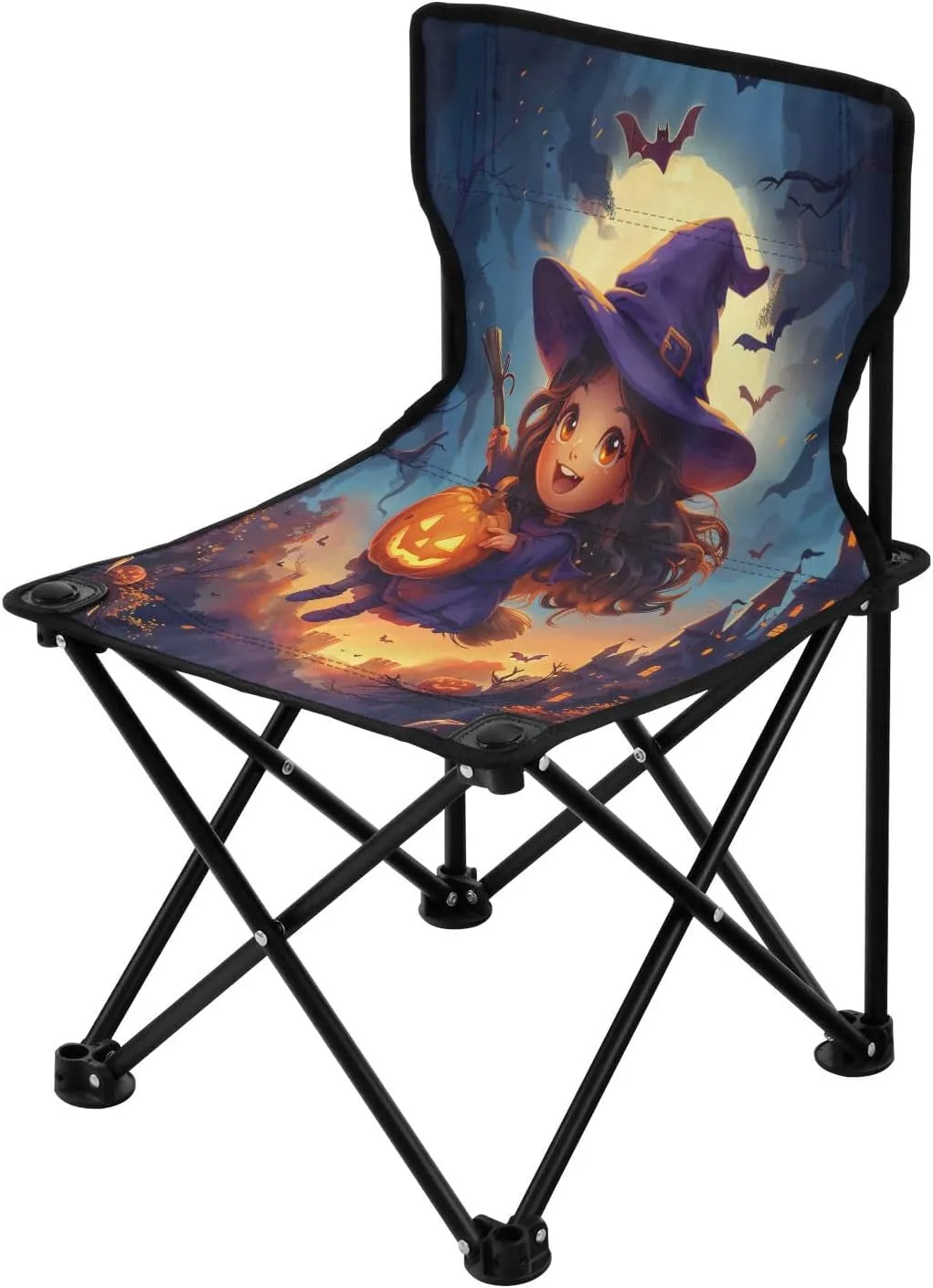 Halloween Flying Witch Portable Outdoor Folding Chair Anti-Slip Padded Oxford Cloth Stool Camping Chair Small for Beach Hiking Fishing Gardening Quad Camp Chair