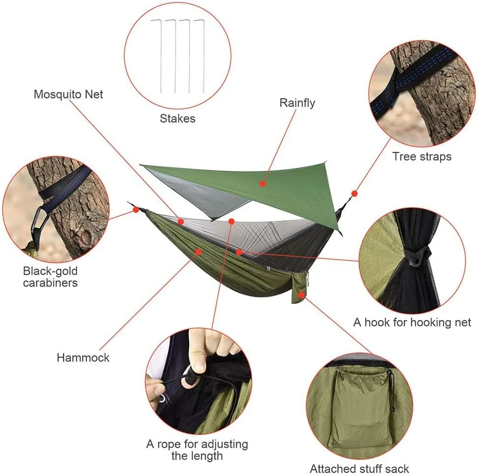Hammock Camping Hammock with Rain Fly Tarp and Mosquito Net Tent Tree Straps Portable Single Double Nylon Parachute Hammock for Travel