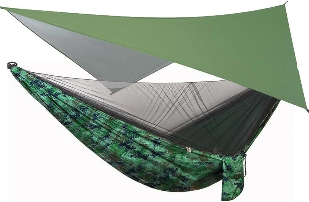 Hammock Camping Hammock with Rain Fly Tarp and Mosquito Net Tent Tree Straps Portable Single Double Nylon Parachute Hammock for Travel