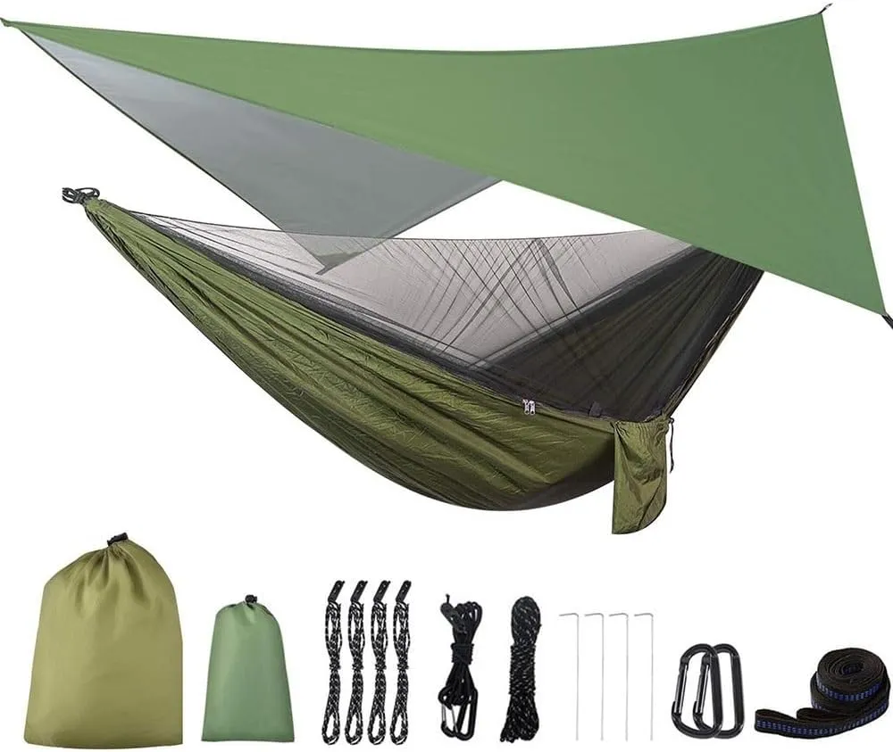Hammock Camping Hammock with Rain Fly Tarp and Mosquito Net Tent Tree Straps Portable Single Double Nylon Parachute Hammock for Travel