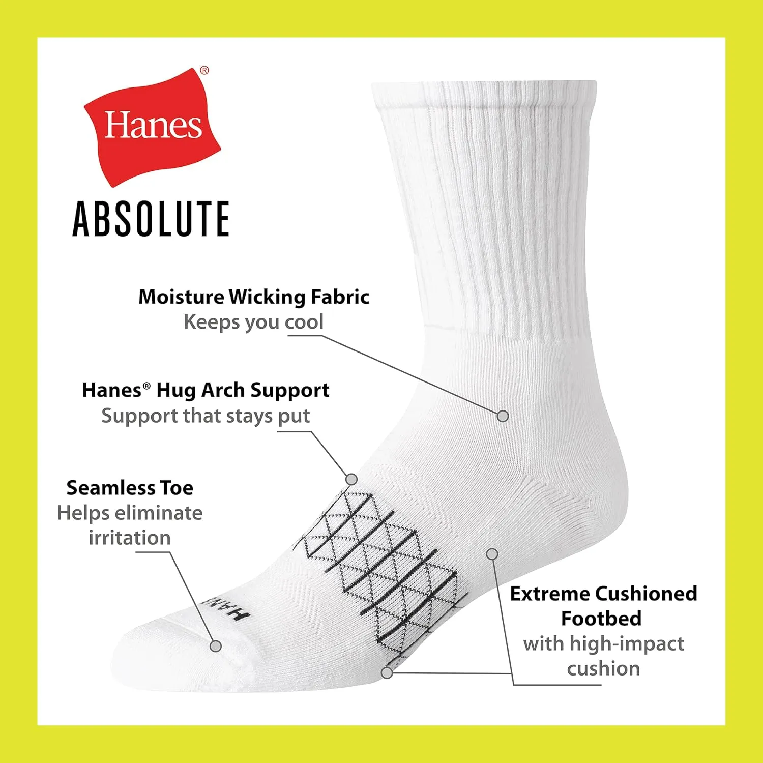 Hanes Men's Absolute Active Cushioned Crew, Moisture Wicking Socks, Seamless Toe, 4-Pack