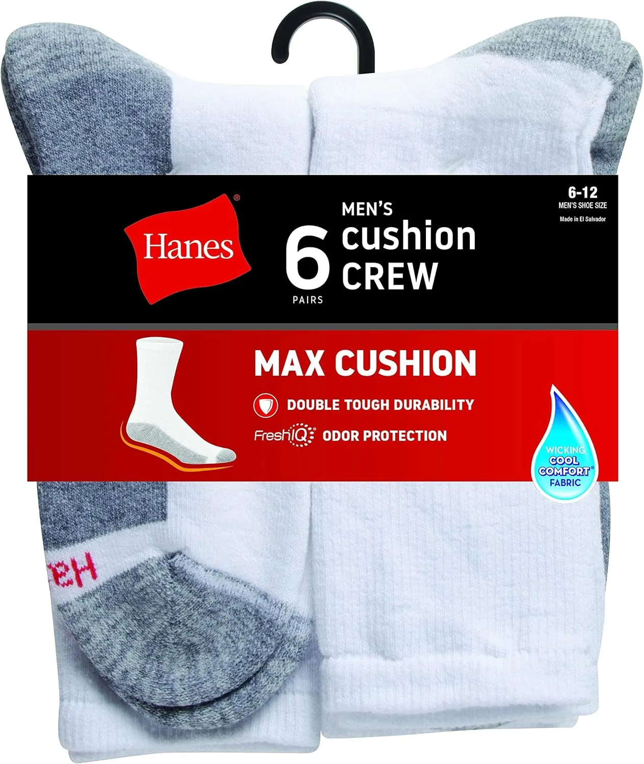 Hanes Men's Max Cushioned Crew Socks, Moisture-Wicking with Odor Control, Multipack