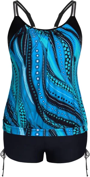 Hanna Nikole Womens Plus Size Striped Printed Strappy Tankini Top with Shorts Two Piece Swimsuit