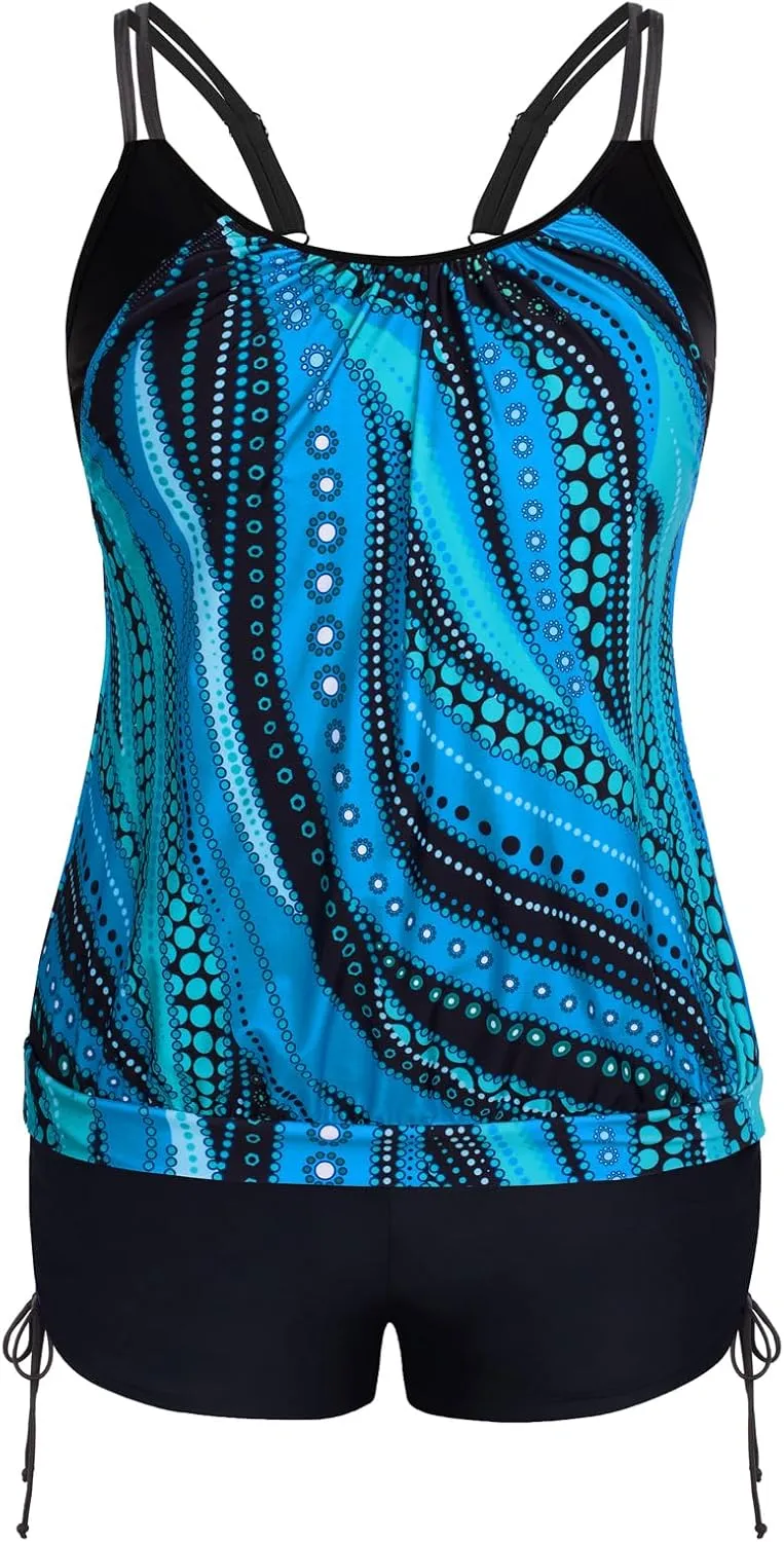 Hanna Nikole Womens Plus Size Striped Printed Strappy Tankini Top with Shorts Two Piece Swimsuit