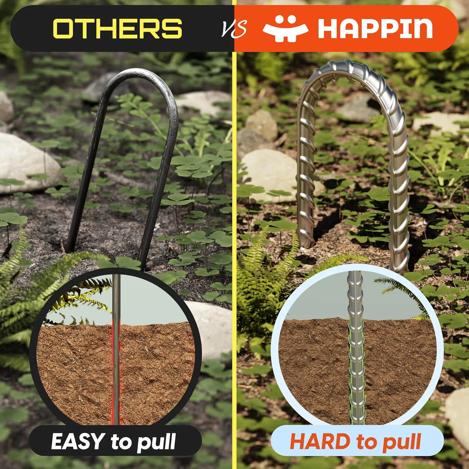 Happin® Ultra Strong Trampoline Stakes Anchors High Wind, Ground Anchors Heavy Duty, Trampoline Tie Down Anchor Kit, Ground Stakes Galvanized Steel, Trampoline Accessories, U Shaped (4 Pack, Silver)