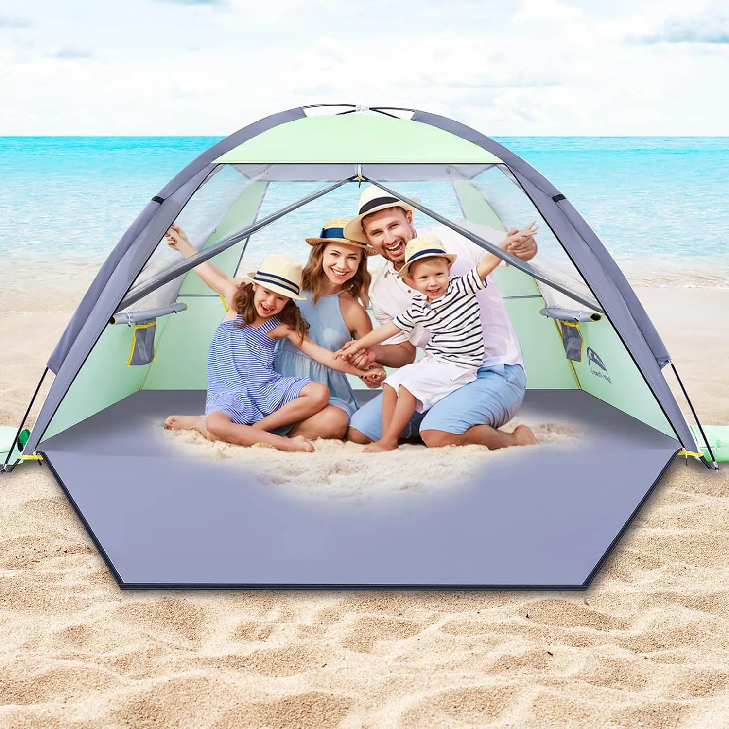 Happy Travel Beach Tent Sun Shelter for 3/4/5/6/7/8 Person, Portable UPF 50  UV Protection Beach Shade Canopy for Family & Baby, Lightweight & Easy Setup Beach Cabana with 3 Ventilation Mesh Windows