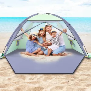 Happy Travel Beach Tent Sun Shelter for 3/4/5/6/7/8 Person, Portable UPF 50  UV Protection Beach Shade Canopy for Family & Baby, Lightweight & Easy Setup Beach Cabana with 3 Ventilation Mesh Windows
