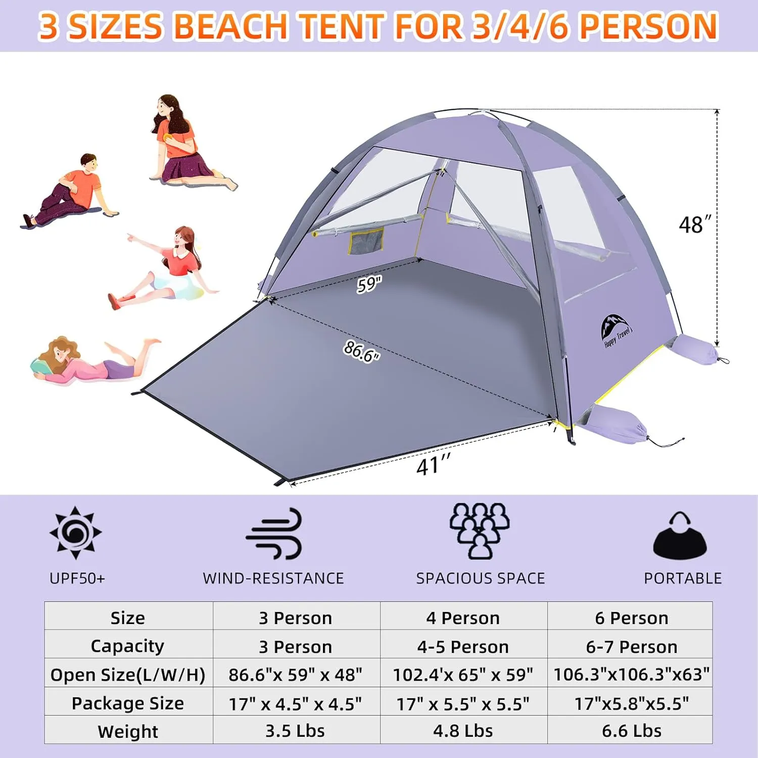 Happy Travel Beach Tent, UPF 50  UV Protection Sun Shade Shelter for 3/4/5/6/7/8 Person, Portable Beach Canopy for Family & Baby, Lightweight & Easy Setup Beach Cabana with 3 Ventilation Mesh Windows