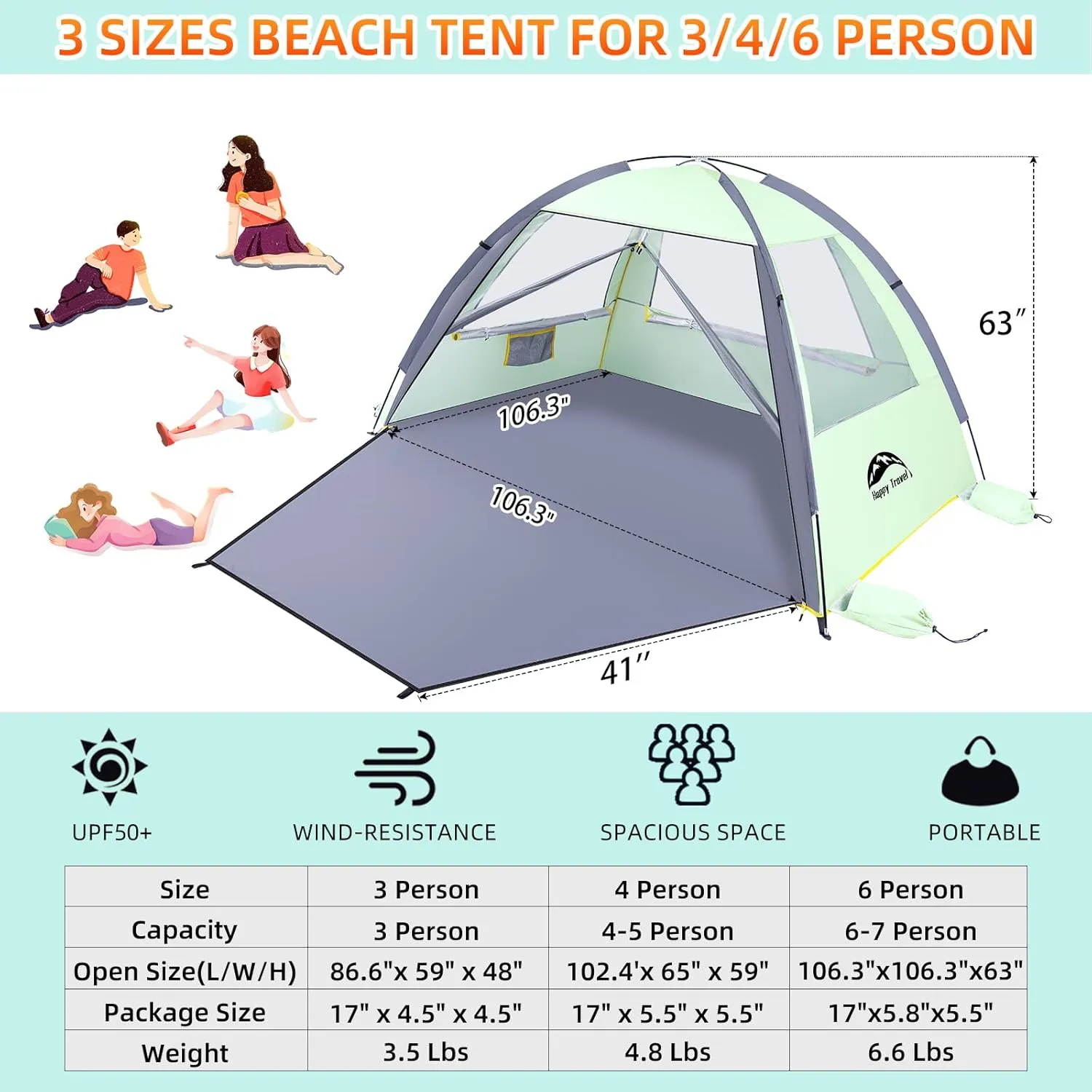 Happy Travel Beach Tent, UPF 50  UV Protection Sun Shade Shelter for 3/4/5/6/7/8 Person, Portable Beach Canopy for Family & Baby, Lightweight & Easy Setup Beach Cabana with 3 Ventilation Mesh Windows