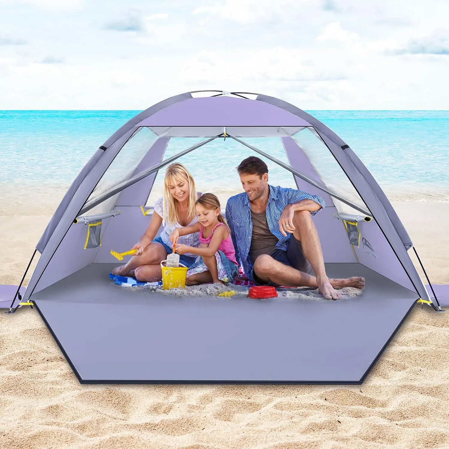 Happy Travel Beach Tent, UPF 50  UV Protection Sun Shade Shelter for 3/4/5/6/7/8 Person, Portable Beach Canopy for Family & Baby, Lightweight & Easy Setup Beach Cabana with 3 Ventilation Mesh Windows