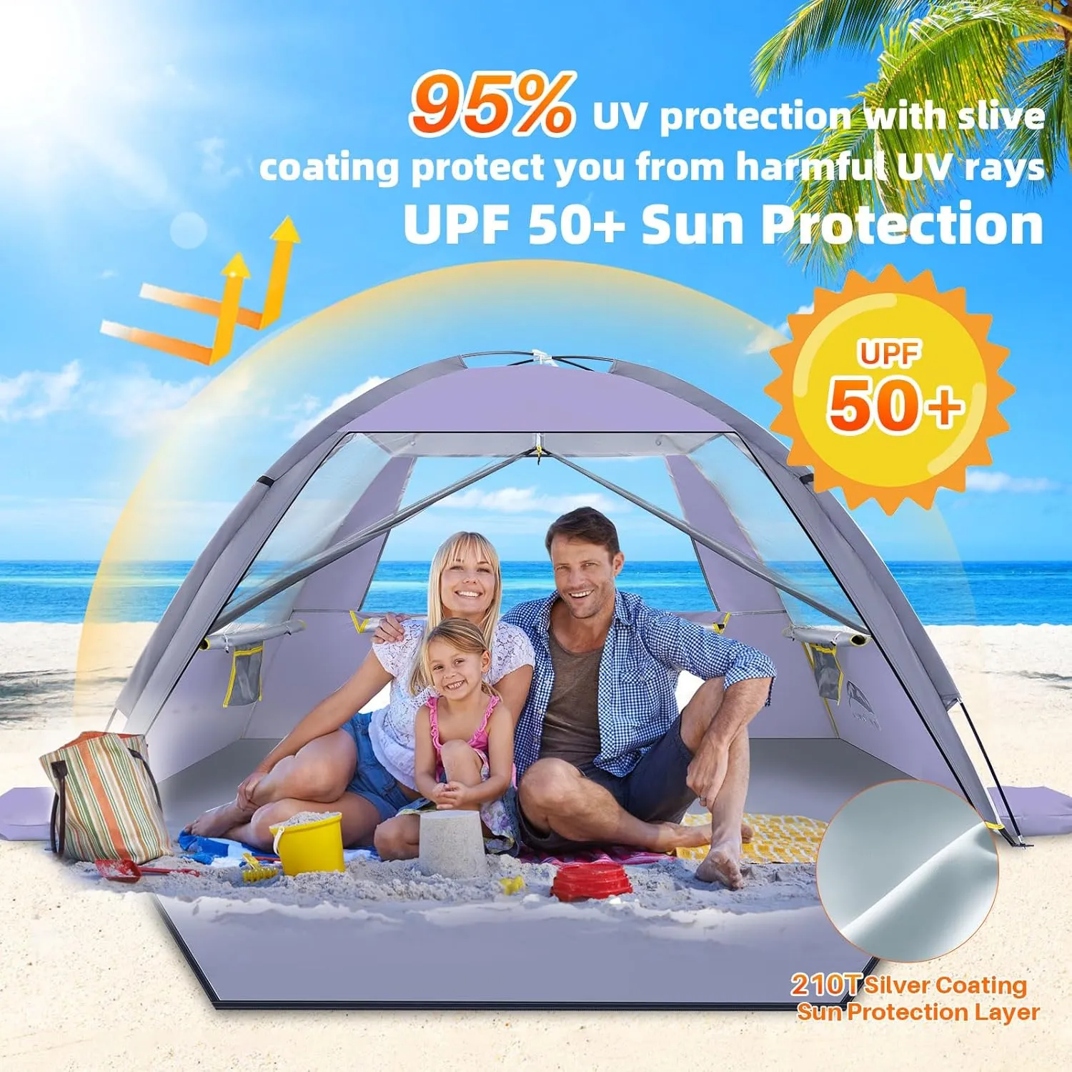 Happy Travel Beach Tent, UPF 50  UV Protection Sun Shade Shelter for 3/4/5/6/7/8 Person, Portable Beach Canopy for Family & Baby, Lightweight & Easy Setup Beach Cabana with 3 Ventilation Mesh Windows