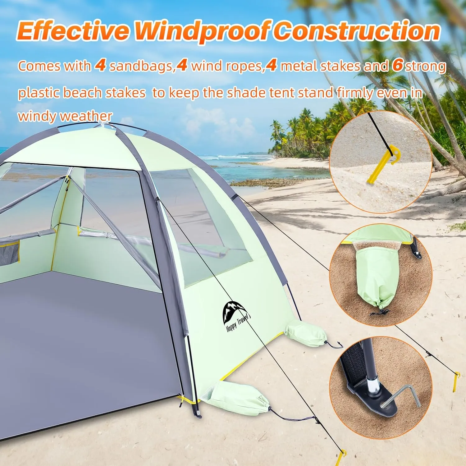 Happy Travel Beach Tent, UPF 50  UV Protection Sun Shade Shelter for 3/4/5/6/7/8 Person, Portable Beach Canopy for Family & Baby, Lightweight & Easy Setup Beach Cabana with 3 Ventilation Mesh Windows
