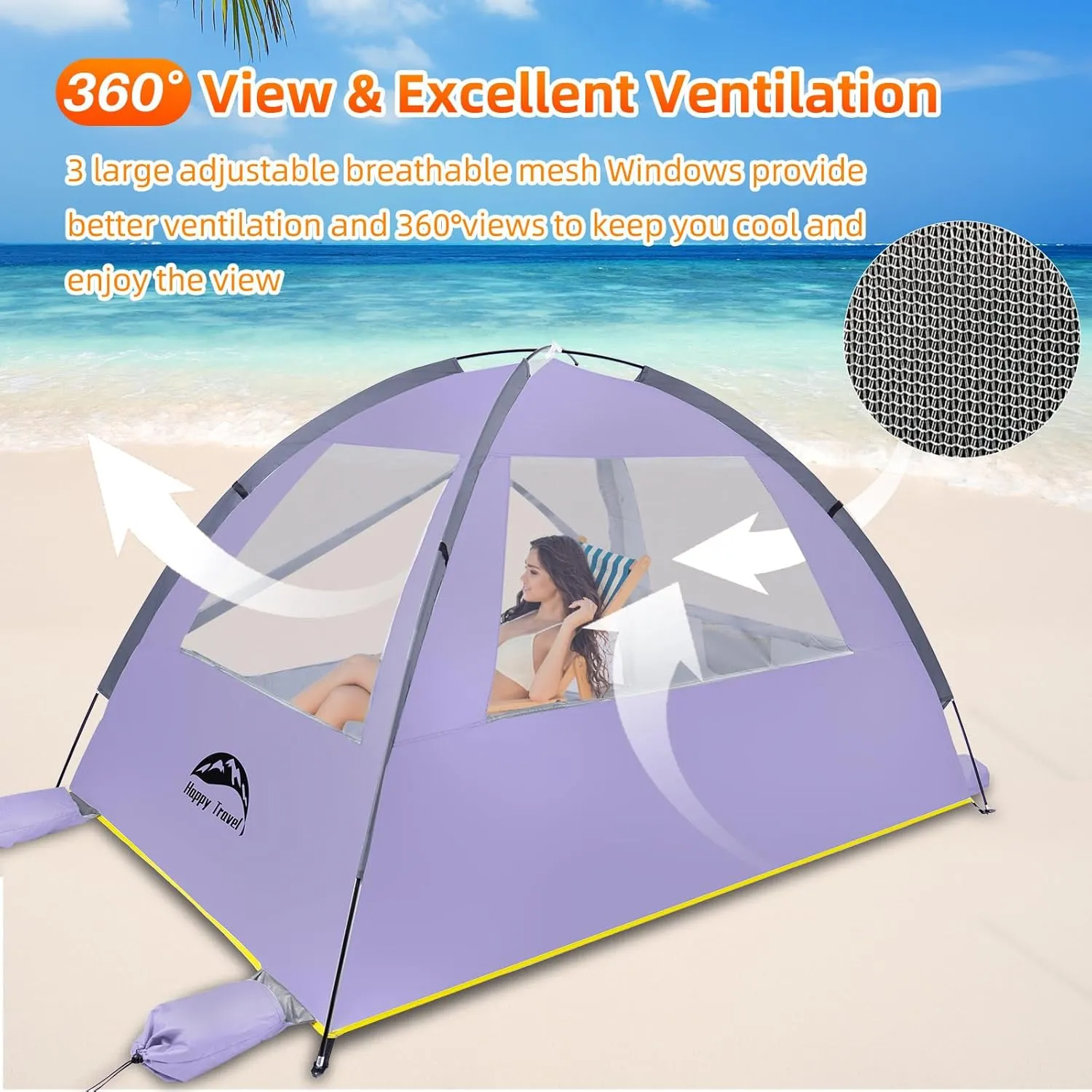 Happy Travel Beach Tent, UPF 50  UV Protection Sun Shade Shelter for 3/4/5/6/7/8 Person, Portable Beach Canopy for Family & Baby, Lightweight & Easy Setup Beach Cabana with 3 Ventilation Mesh Windows