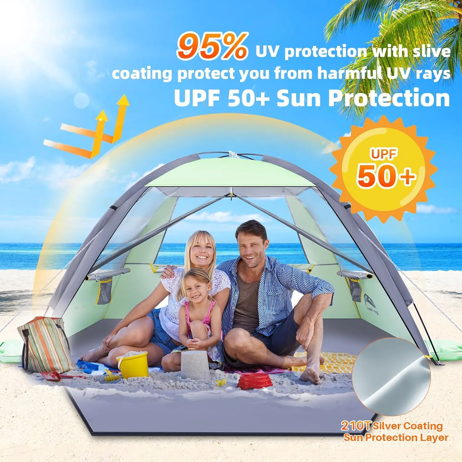 Happy Travel Beach Tent, UPF 50  UV Protection Sun Shade Shelter for 3/4/5/6/7/8 Person, Portable Beach Canopy for Family & Baby, Lightweight & Easy Setup Beach Cabana with 3 Ventilation Mesh Windows
