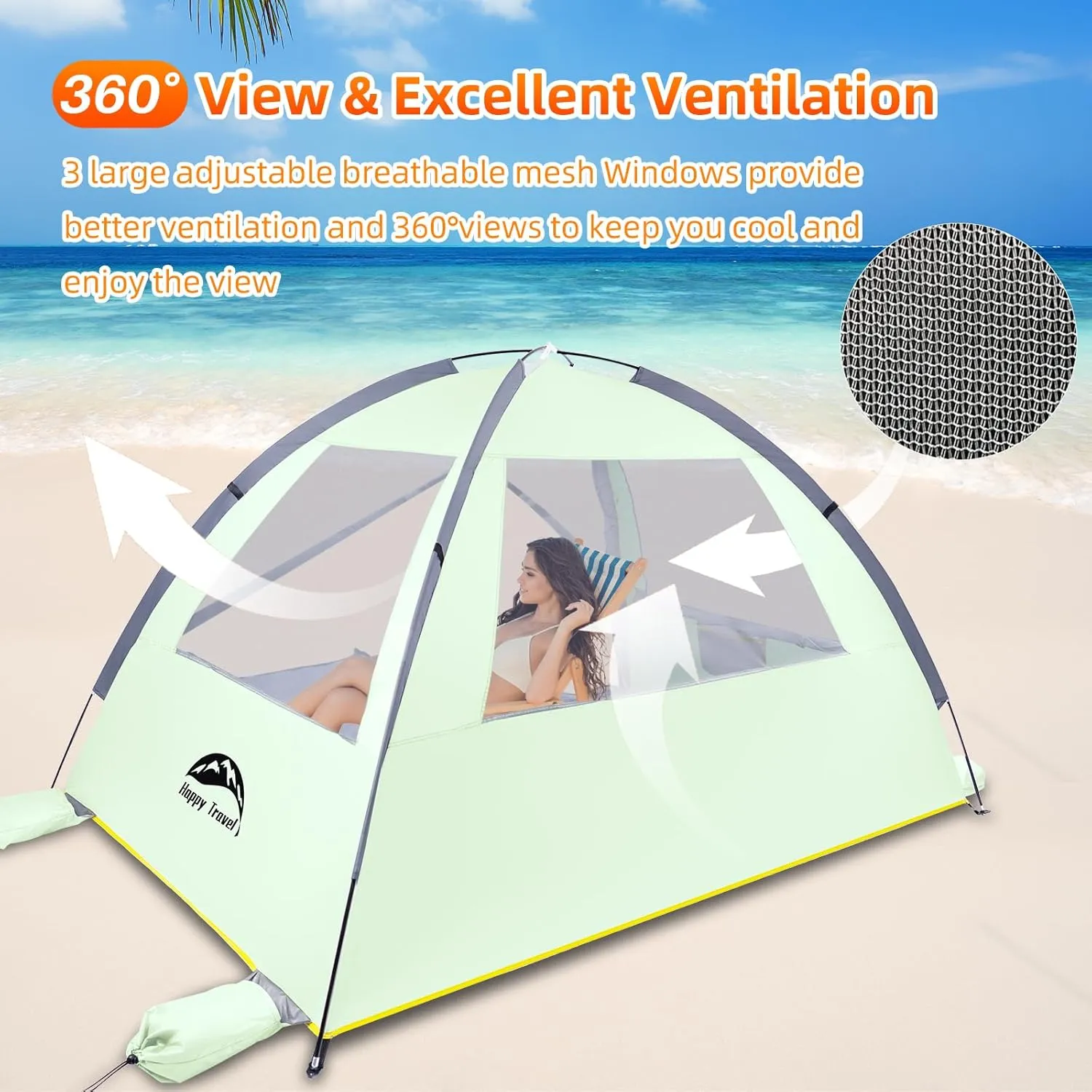Happy Travel Beach Tent, UPF 50  UV Protection Sun Shade Shelter for 3/4/5/6/7/8 Person, Portable Beach Canopy for Family & Baby, Lightweight & Easy Setup Beach Cabana with 3 Ventilation Mesh Windows