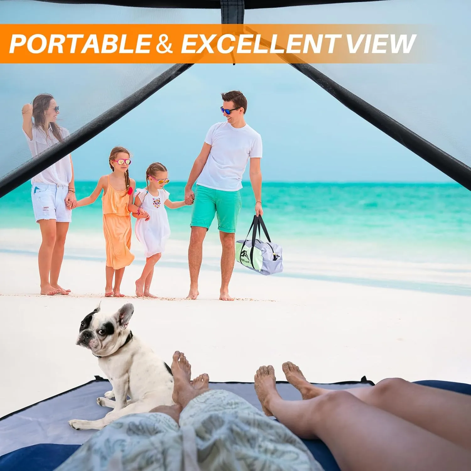 Happy Travel Beach Tent, UPF 50  UV Protection Sun Shade Shelter for 3/4/5/6/7/8 Person, Portable Beach Canopy for Family & Baby, Lightweight & Easy Setup Beach Cabana with 3 Ventilation Mesh Windows